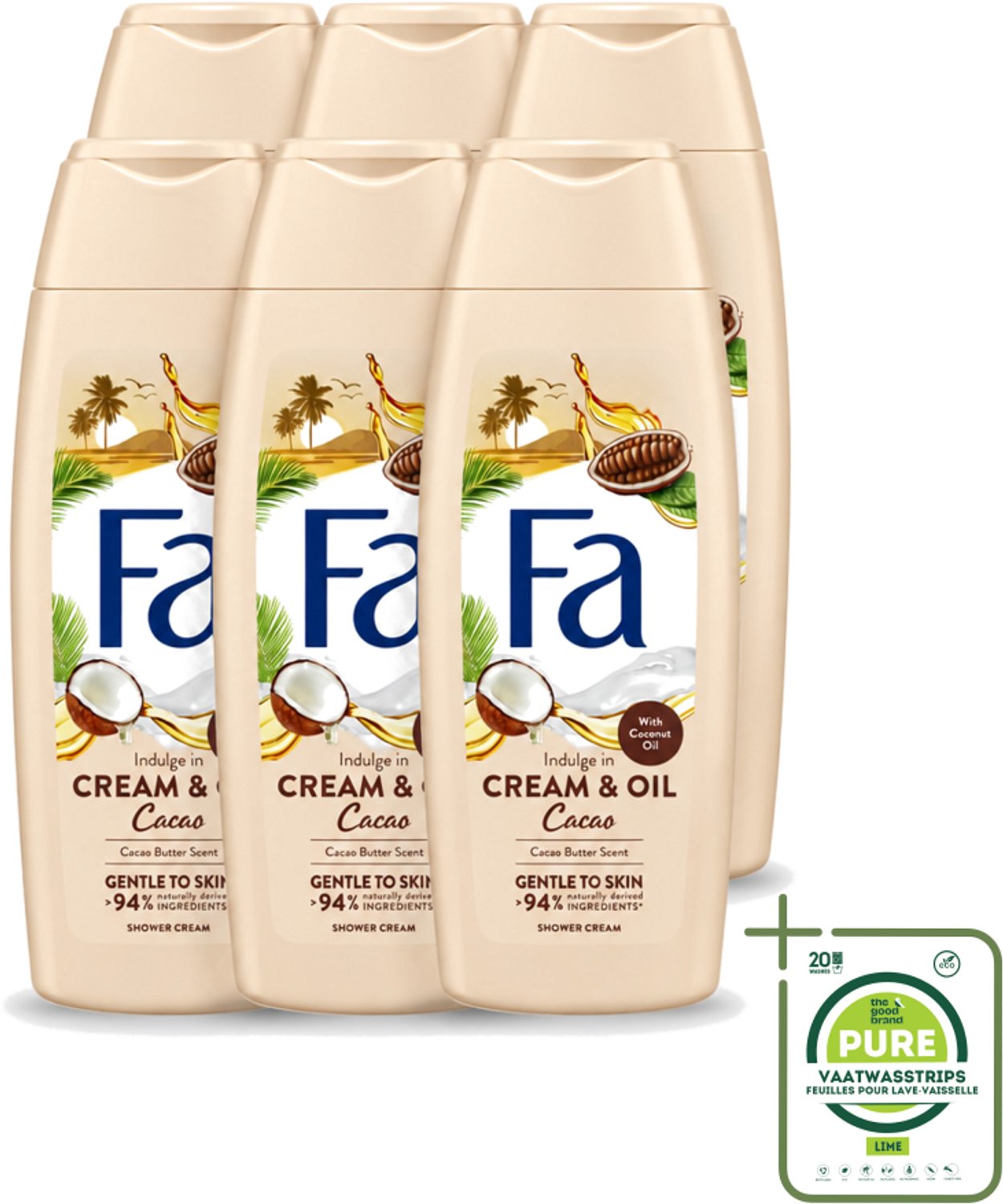 6 x Fa - Cream & Oil Cacao - Douchecrème - Cacaoboter Met Kokosolie - 250 ml - Grootverpakking - Vaatwasstrips - Douchecrème - Cacaoboter - Kokosolie - Huid Verzorging - Hydratatie