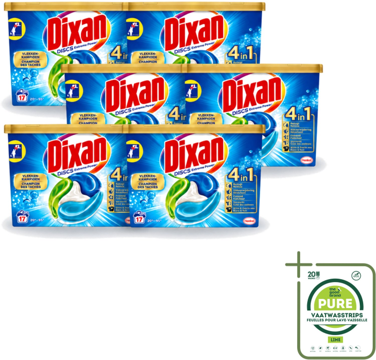 6 x Dixan Discs - Wasmiddelcapsules en Vlekverwijderaar - Extreme Power - Witte, Gekleurde & Zwarte Was - 17 Wasbeurten - Grootverpakking - Vaatwasstrips - Wasmiddelcapsules - Vlekverwijderaar - Wasmiddel - Wasbeurt - Wasmachine