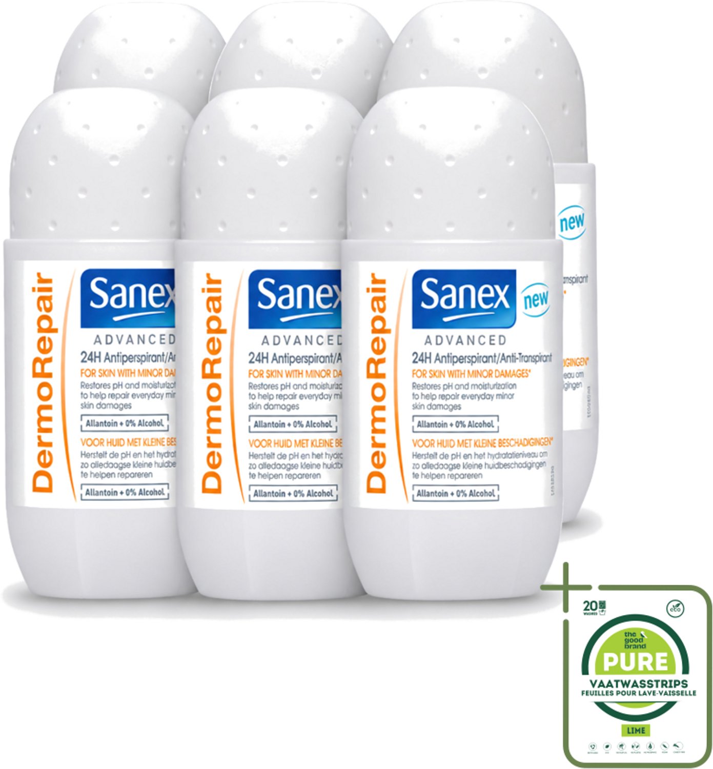 6 x Sanex Advanced - Dermo Repair - Deodorant Roller - 24h Anti-Transpirant - 0% Alcohol - 50 ml - Grootverpakking - Vaatwasstrips - 24h Anti-transpirant - Huidherstel - Huidverzorging - Deodorant Roller - Anti-geur