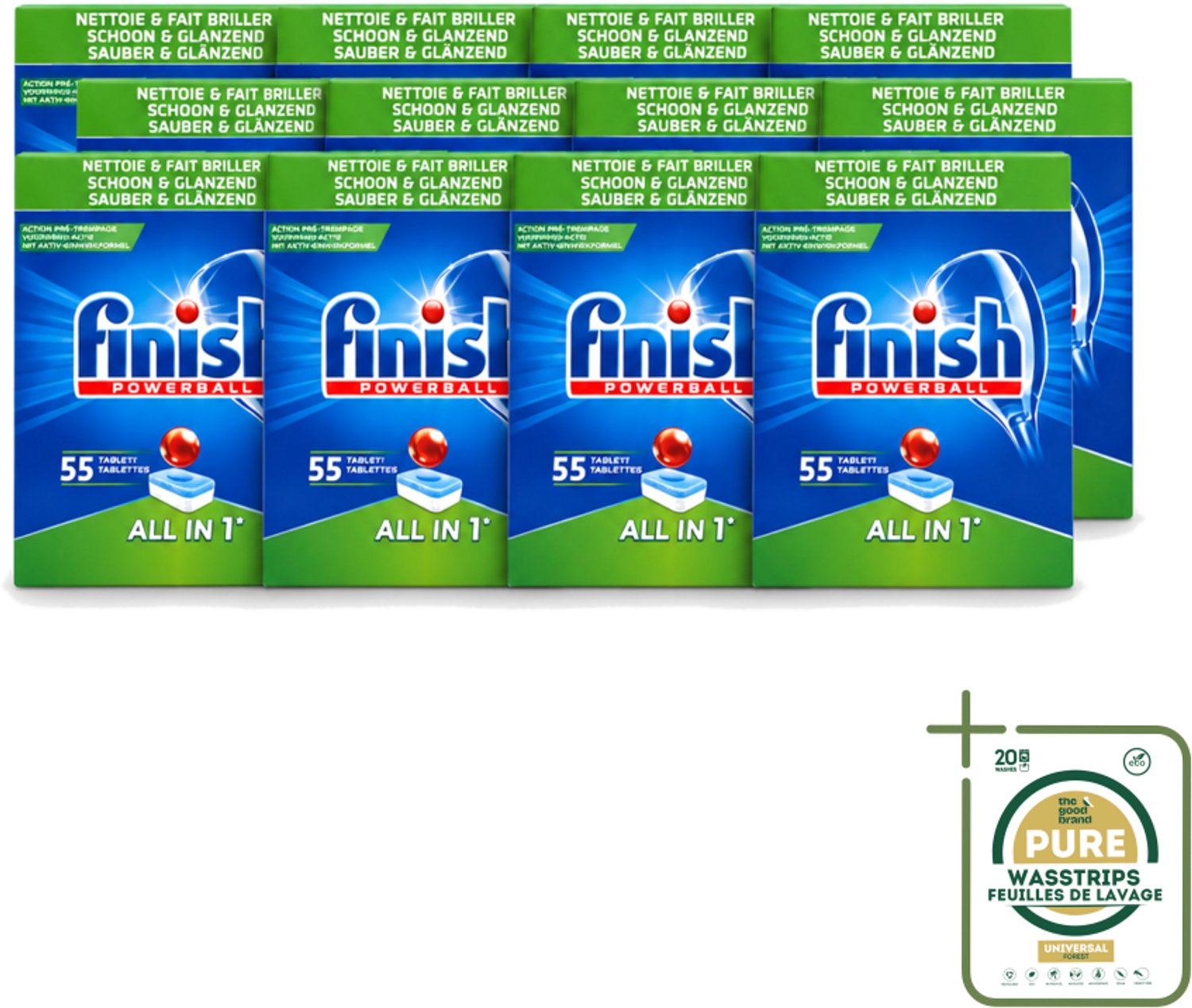 12 x Finish Powerball - All in 1 - Vaatwastabletten - Schoon & Glans - 55 Tabletten - Wasstrips - Vaatwasmiddel - Vaatwastablet - Vaat Reinigen - Glans Behouden - Vaat Reinigen Zonder Voor Spoelen
