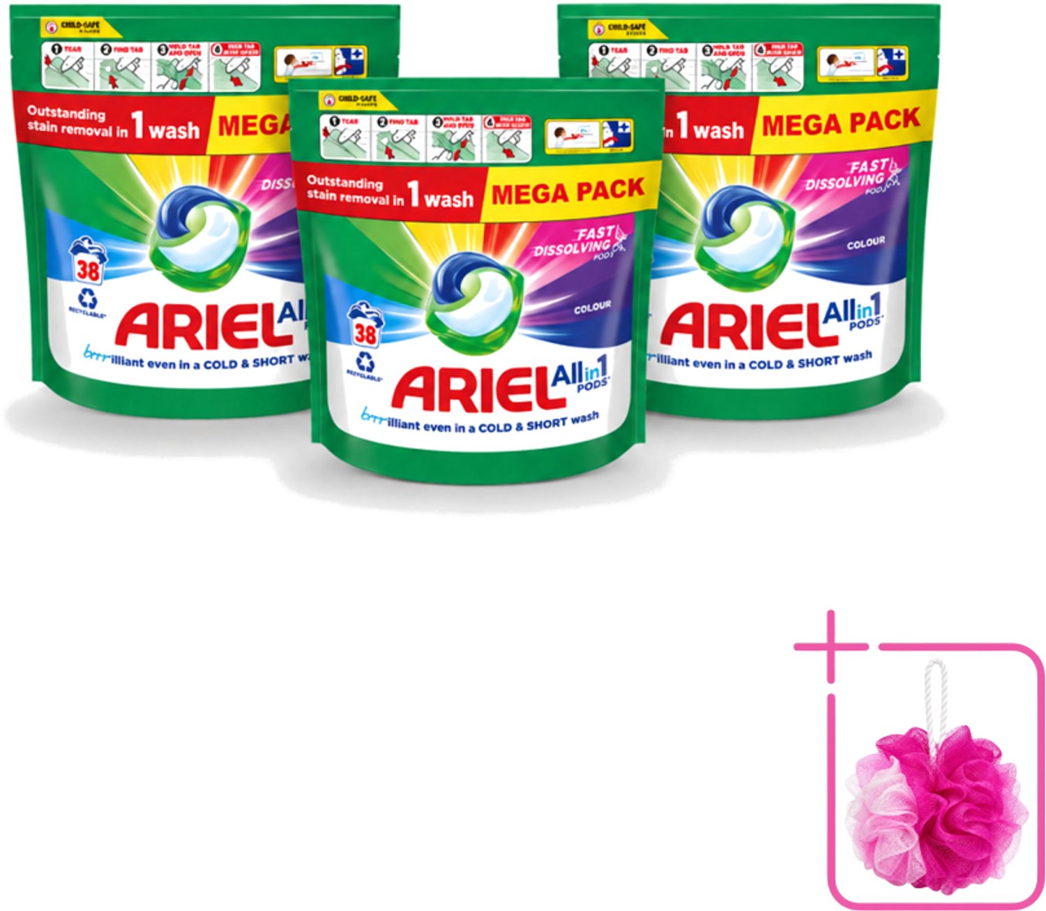 3 x Ariel – Pods All-in-1 – Color – 38 wasbeurten - Bulkverpakking - Kleurbehoud wasmiddel - Douchemop - Gekleurde was