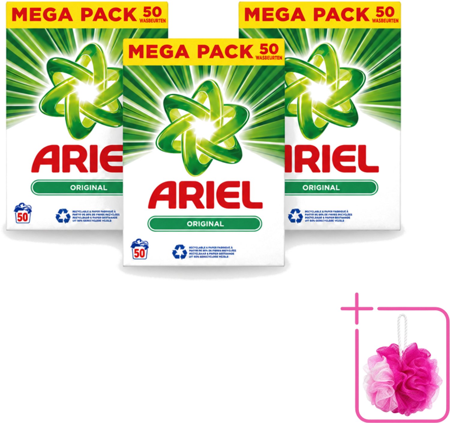 3 x Ariel Original - Waspoeder - Witte en Lichtgekleurde Was - 50 Wasbeurten - Bulkverpakking - Waspoeder - Douchemop - Reiniging