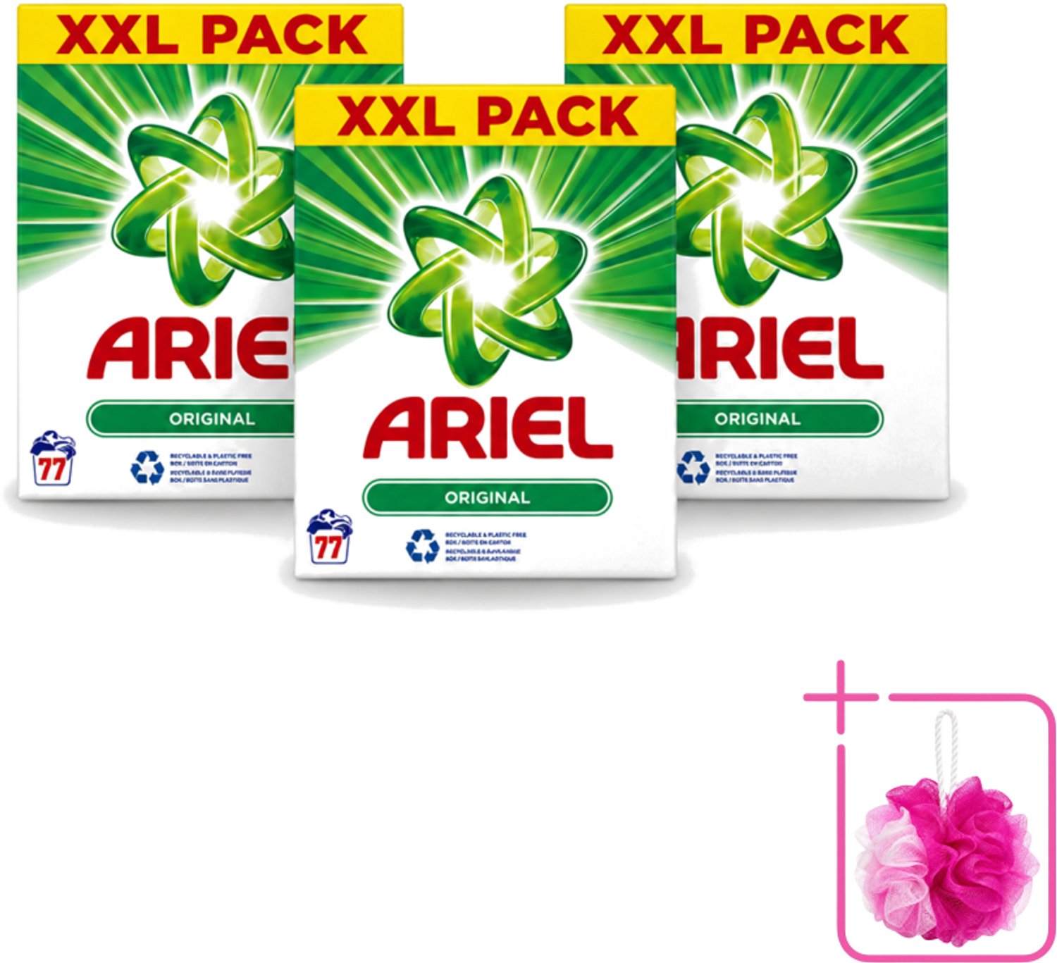 3 x Ariel Original XXL - Waspoeder - Witte en Lichtgekleurde Was - 77 Wasbeurten - Bulkverpakking - Waspoeder - Douchemop - Wasmiddel