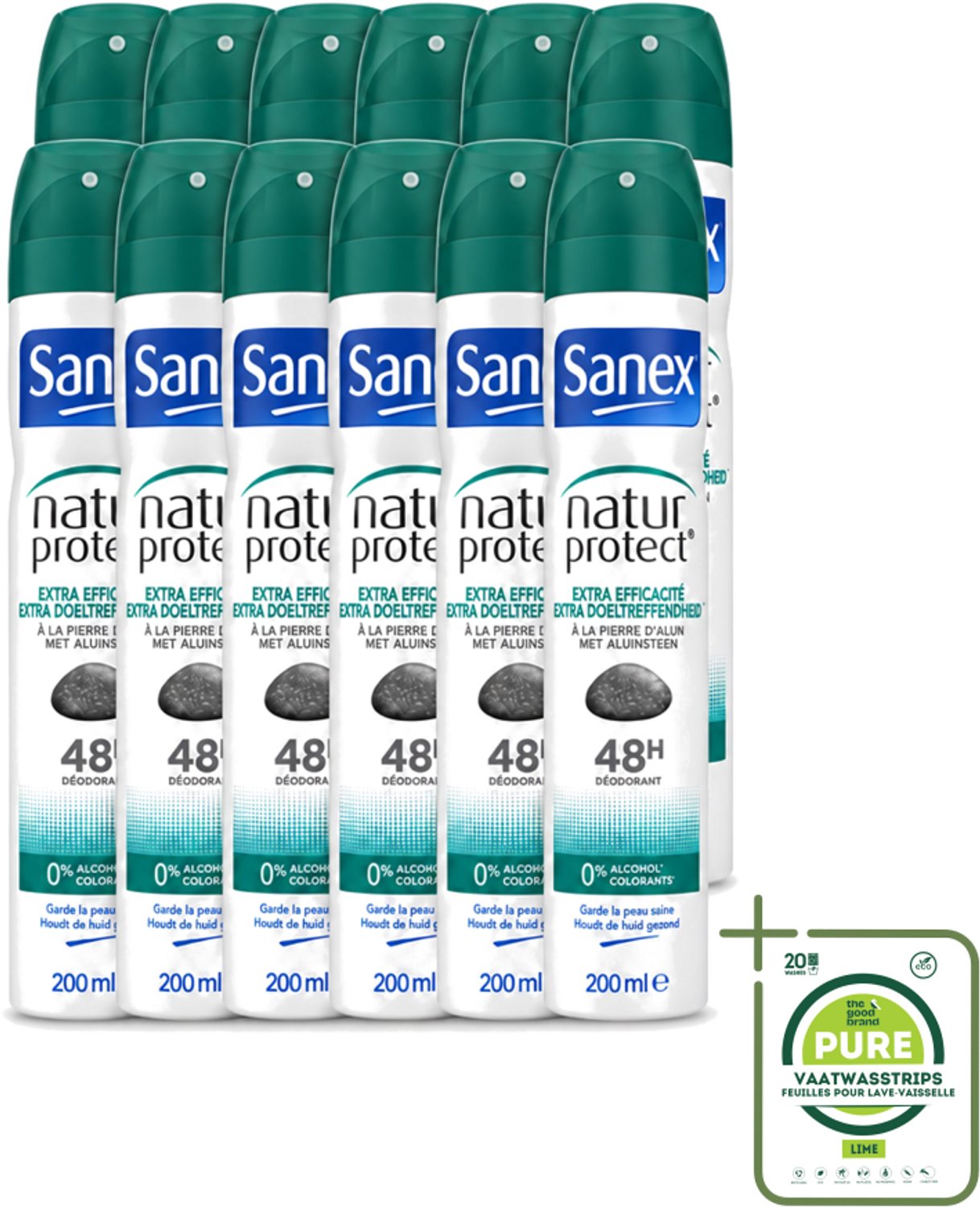 12 x Sanex – Deodorant Spray – Aluinsteen – 200 ml - Grootverpakking - Vaatwasstrips - Deodorant Spray - Natuurlijke Deodorant - Aluinsteen - Frisse Geur - Huidvriendelijk