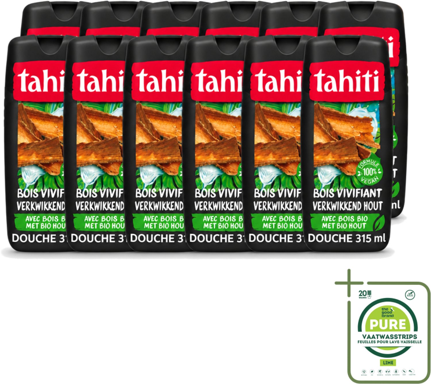 12 x Tahiti – Douchegel – Tropenhout Vegan - 315 ml - Grootverpakking - Vaatwasstrips - Douchegel Tropisch Hout - Vegan Douchegel - Natuurlijke Douchegel - Houtgeur Douchegel - Energieke Douchegel