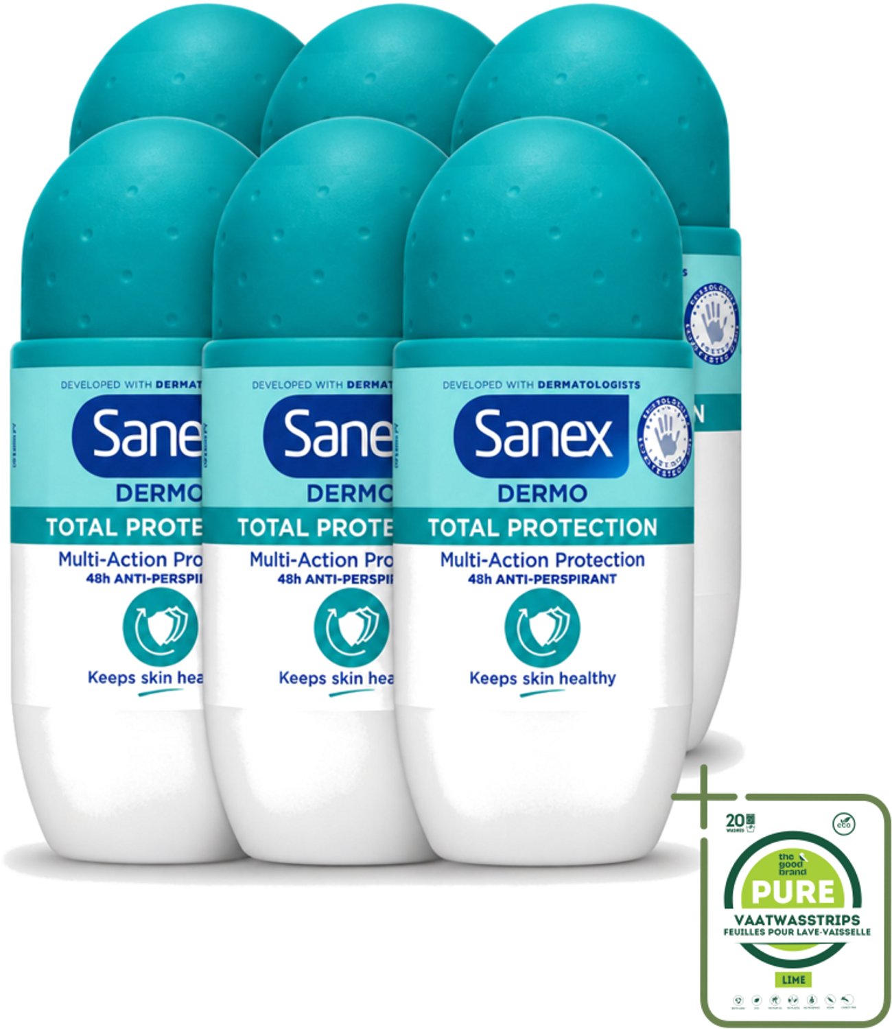6 x Sanex – Deodorant Roll-On – Dermo Total Protection – 50 ml - Grootverpakking - Vaatwasstrips - Douche - Deodorant Roll-on - Zweetvermindering - Geurvermindering - Huidbescherming