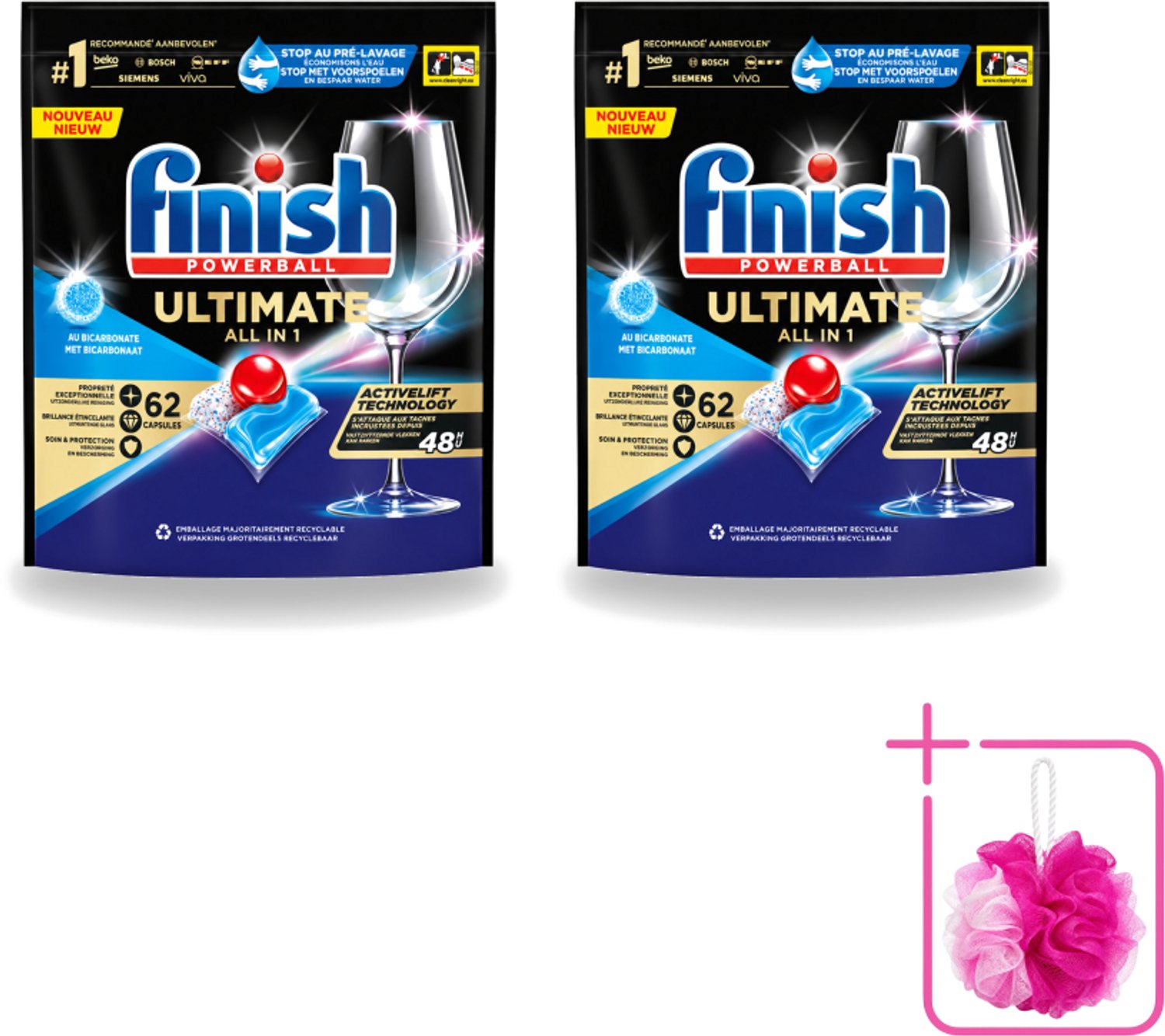 2 x Finish Powerball - Ultimate All in One - Vaatwastabletten - Met Bicarbonaat - 62 Capsules - Bulkverpakking - Vaatwasmiddel - Douchemop - Vaatwascapsules