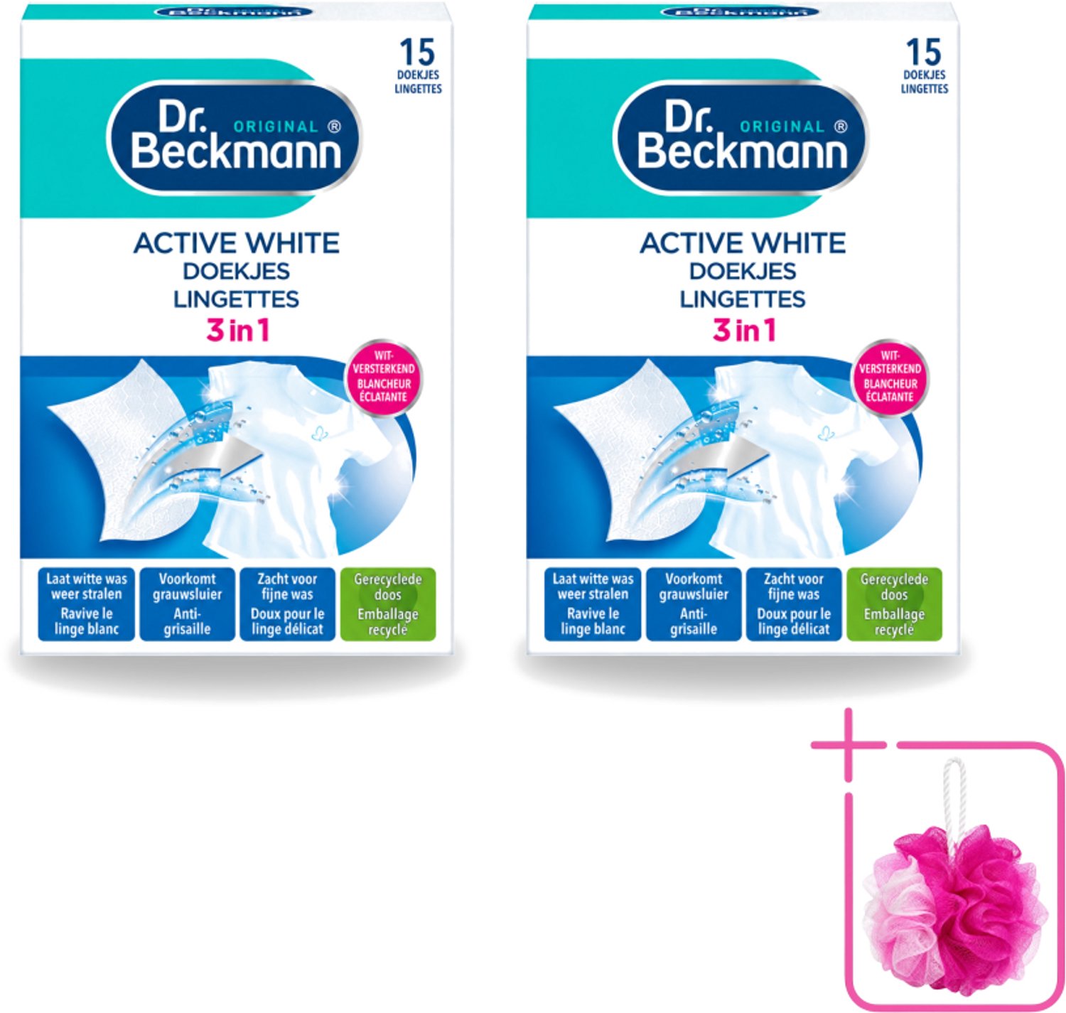 2 x Dr. Beckmann - Kleurverzorging - Active White - Witte Was - 15 Doekjes - Bulkverpakking - Witwas - Douchemop - Grauwsluier verwijderen