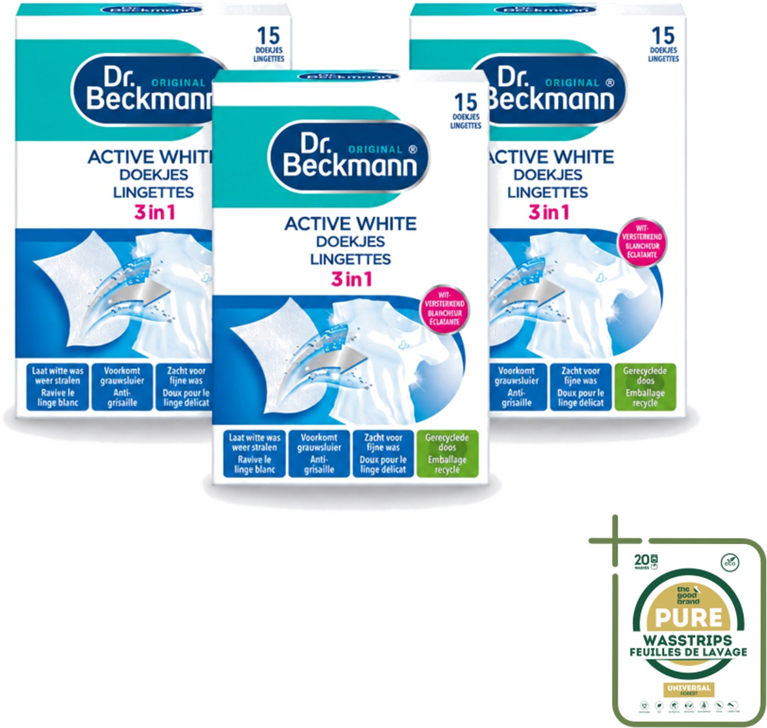 3 x Dr. Beckmann - Kleurverzorging - Active White - Witte Was - 15 Doekjes - Wasstrips - Witwas - Grauwsluier Verwijderen - Witte Was Herstellen - Actieve Witmaker - Was Reinigen