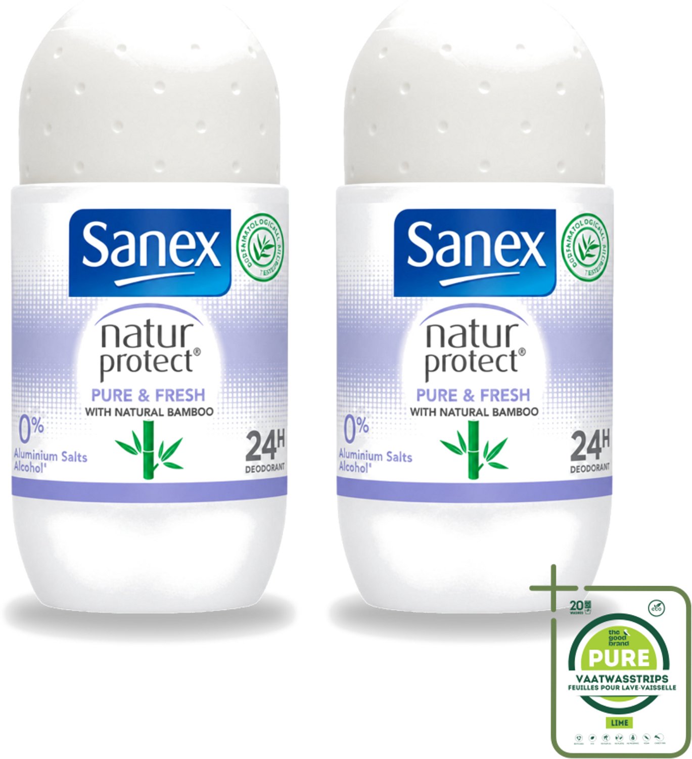 2 x Sanex Natur Protect - Deodorant Roller - Puur & Fris - Met Nattuurlijke Bamboo - 50 ml - Grootverpakking - Vaatwasstrips - Natuurlijke Deodorant - Bamboe Deodorant - Fris Gevoel - Vochtabsorberend - Aluminiumvrij
