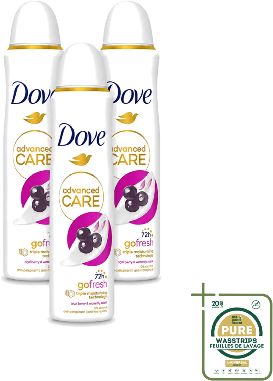 3 x Dove - Deospray - Acai Bes & Waterlelie - 150 ml - Wasstrips - Acai Bes & Waterlelie Deospray - Deospray Oksels - Geur Van Acai Bessen - Geur Van Waterlelie - Transpiratie Bescherming