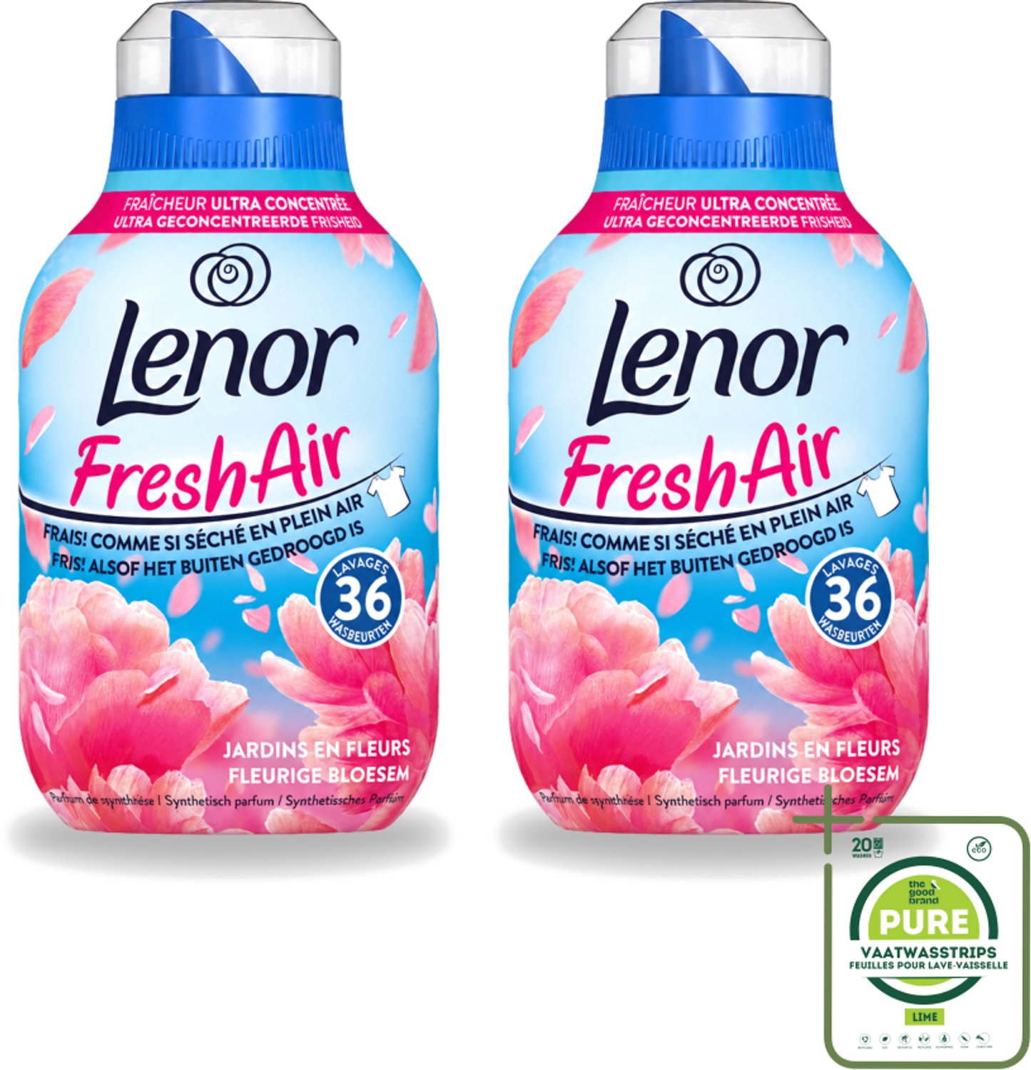 2 x Lenor - Wasverzachter - Fresh Air - Fleurige Bloesem - 36 Wasbeurten - Grootverpakking - Vaatwasstrips - Wasverzachter - Frisheid - Buiten Gedroogd Was - Bloemige Geur - Wasgoed