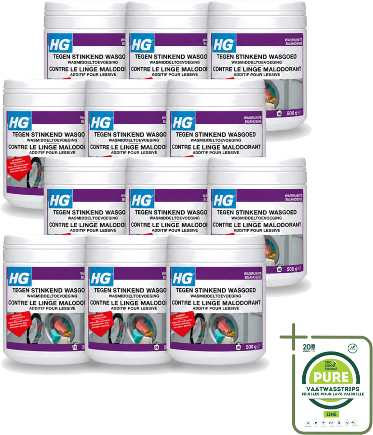 12 x HG - Wasruimte - Tegen Stinkend Wasgoed - Wasmiddeltoevoeging - 500 g - Grootverpakking - Vaatwasstrips - Wasmiddel Tegen Stank - Stinkend Wasgoed - Wasmiddel Toevoeging - Stankmoleculen Verwijderen - Fris Wasgoed