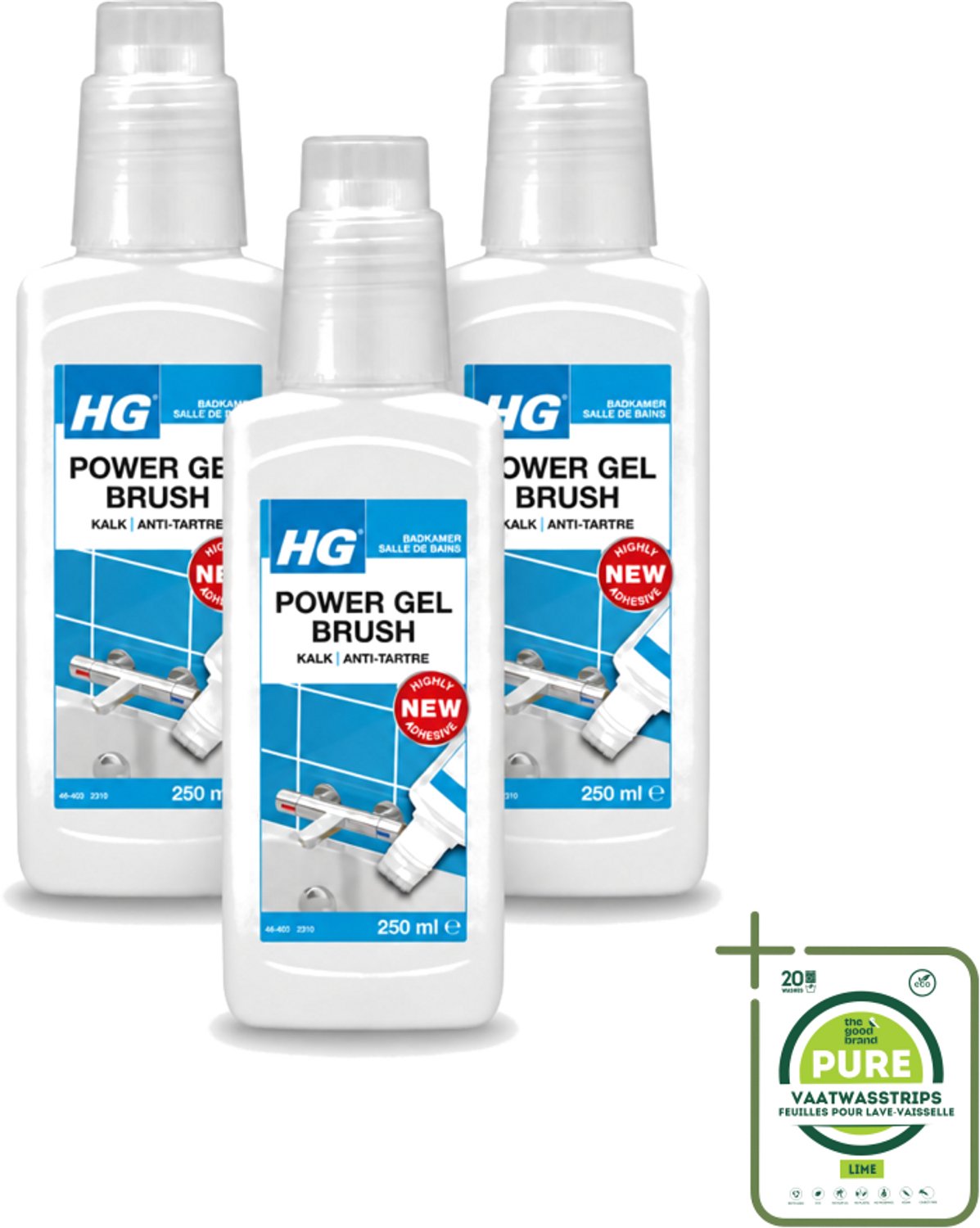 3 x HG - Badkamer - Power Gel Brush - Kalk - Agressief - 250 ml - Grootverpakking - Vaatwasstrips - Kalk Verwijderen - Badkamer Schoonmaken - Kalk Oplossen - Douchewand Reinigen - Kraan Reinigen