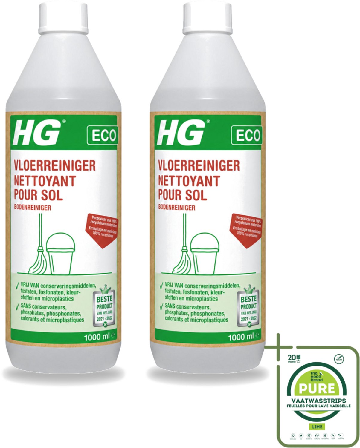 2 x HG - Eco Vloerreiniger - Milieuvriendelijke Reiniging - 1L - Grootverpakking - Vaatwasstrips - Vloerreiniger - Milieuvriendelijke Reiniger - Hardvloer Reinigen - Schone Vloer - Streeploze Vloer