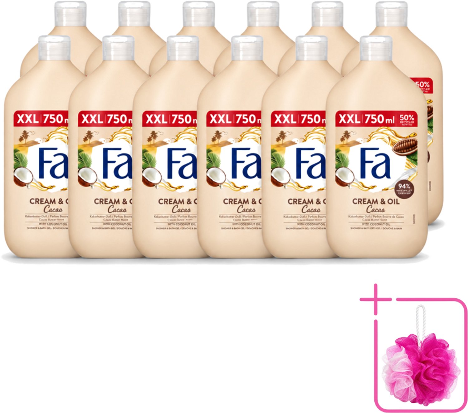 12 x Fa - Cream & Oil Cacao - Bad- & Douchegel - Cacaoboter Met Kokosolie - 750 ml - Bulkverpakking - Bad en douche gel - Douchemop - Cacaoboter