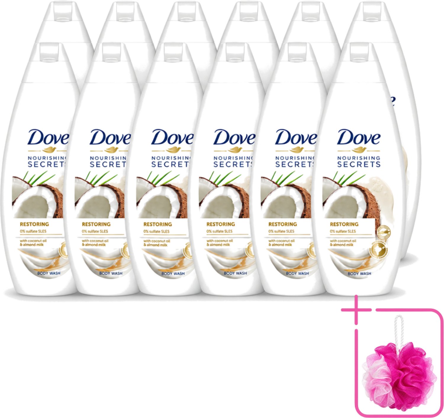 12 x Dove Nourishing Secrets - Douchegel - Kokosolie & Amandel melk - Sulfaatvrij - 250 ml - Bulkverpakking - Douchegel - Douchemop - Kokosolie