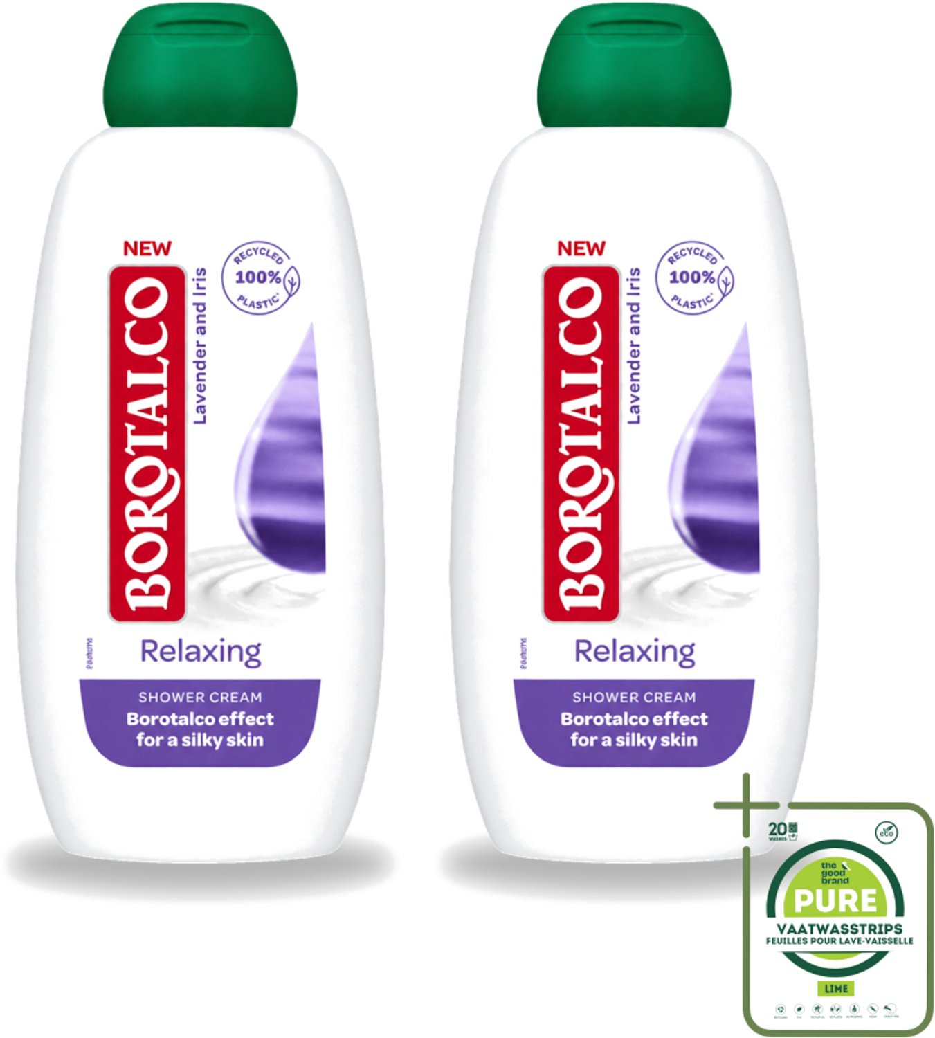 2 x Borotalco - Douchegel - Relaxing - Lavender & Iris - 250 ml - Grootverpakking - Vaatwasstrips - Douchegel - Ontspanning - Lavendel - Iris - Huidverzorging