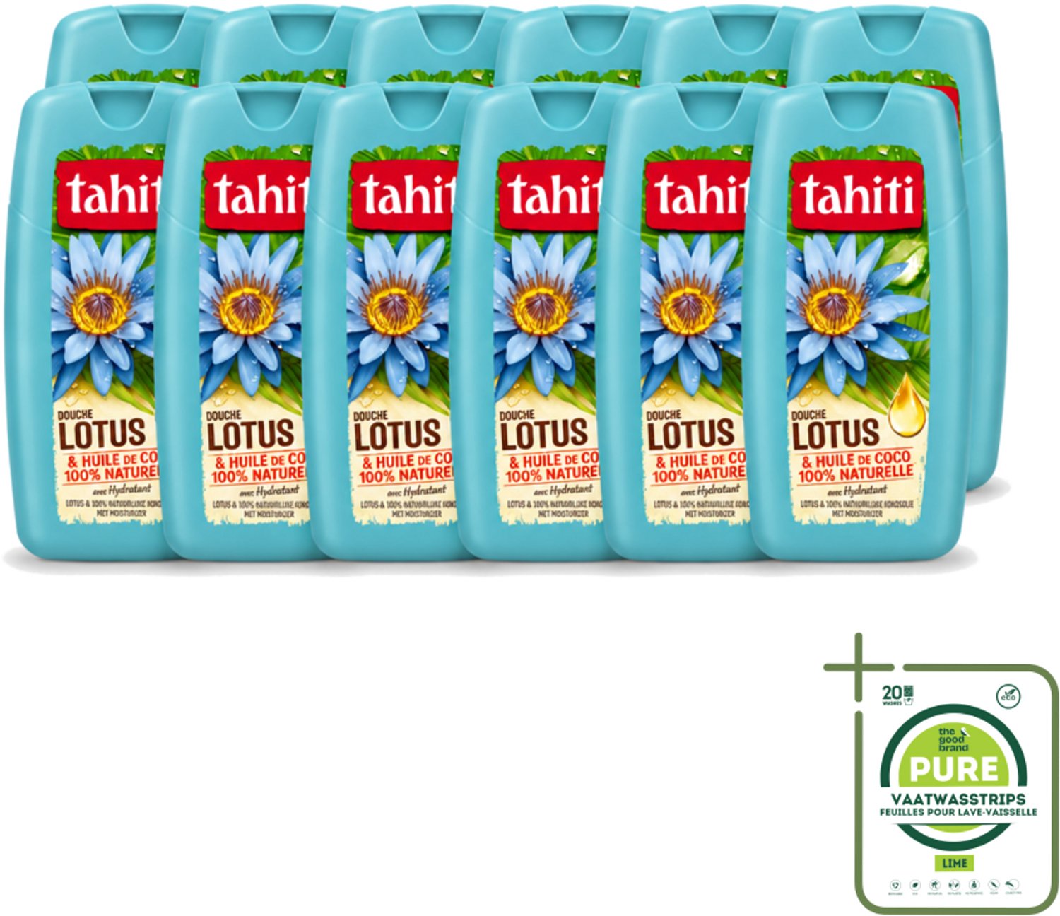 12 x Tahiti - Douchegel - Lotus & Kokosolie - Hydraterend - 250 ml - Grootverpakking - Vaatwasstrips - Douchegel - Kokosolie - Lotus - Hydraterende Douchegel - Huid Verzorging