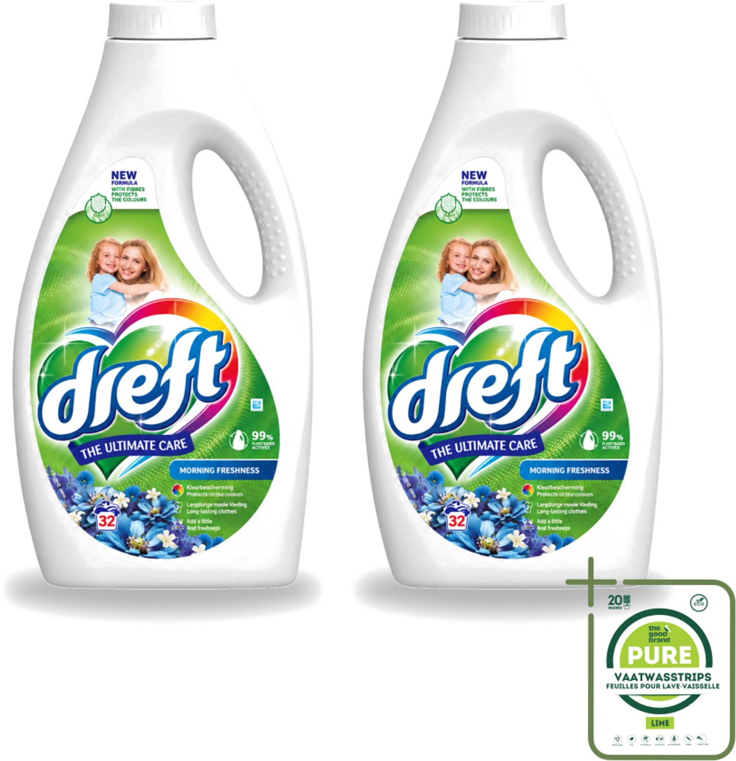 2 x Dreft - Ultimate Care - Vloeibaar Wasmiddel - Gekleurde Was - Ochtendfris - 32 Wasbeurten - Grootverpakking - Vaatwasstrips - Gekleurde Was - Ochtendfris - Wasmiddel - Wasbeurt - Kleurbescherming