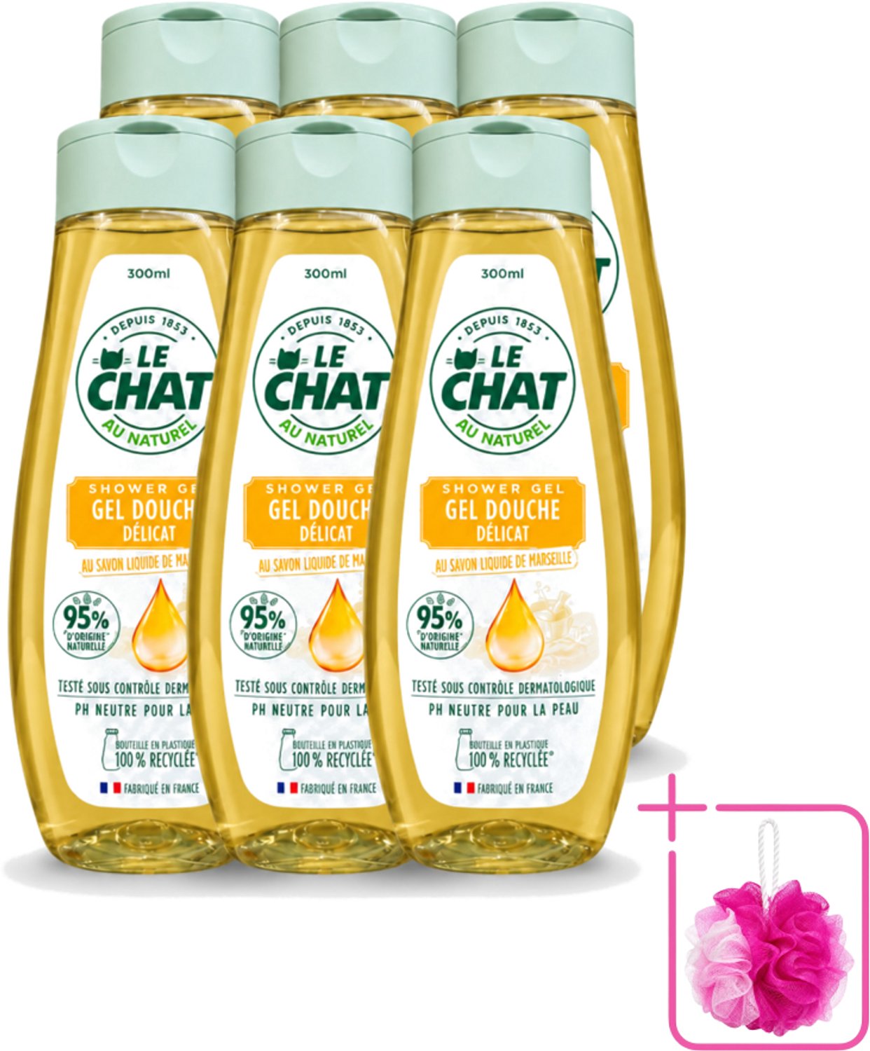 6 x Le Chat – Douchegel – Marseille – 300 ml - Bulkverpakking - Douchegel - Douchemop - Marseille