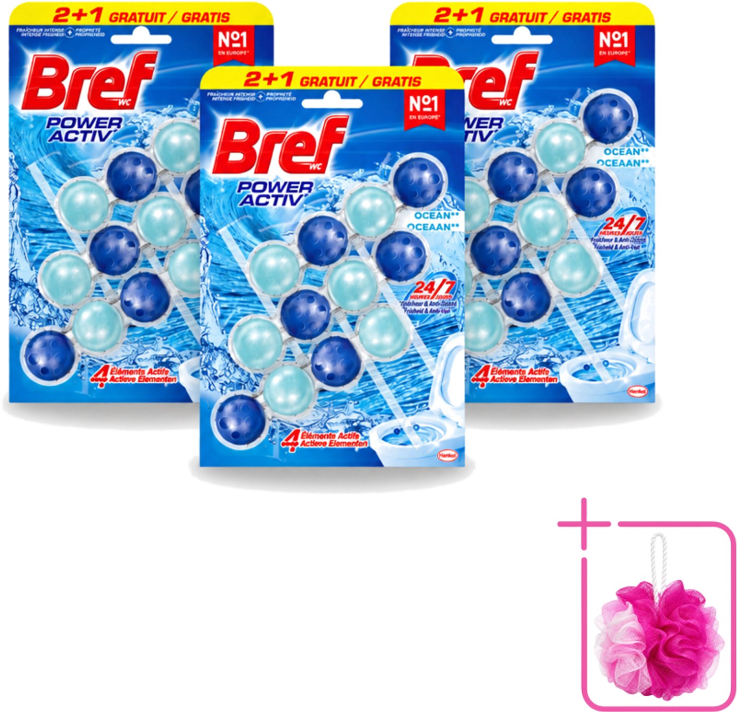 3 x Bref – Toiletblok – Power Aktiv Ocean – Multipack - Bulkverpakking - Toiletblok multipack - Douchemop - Anti-kalk toiletblok