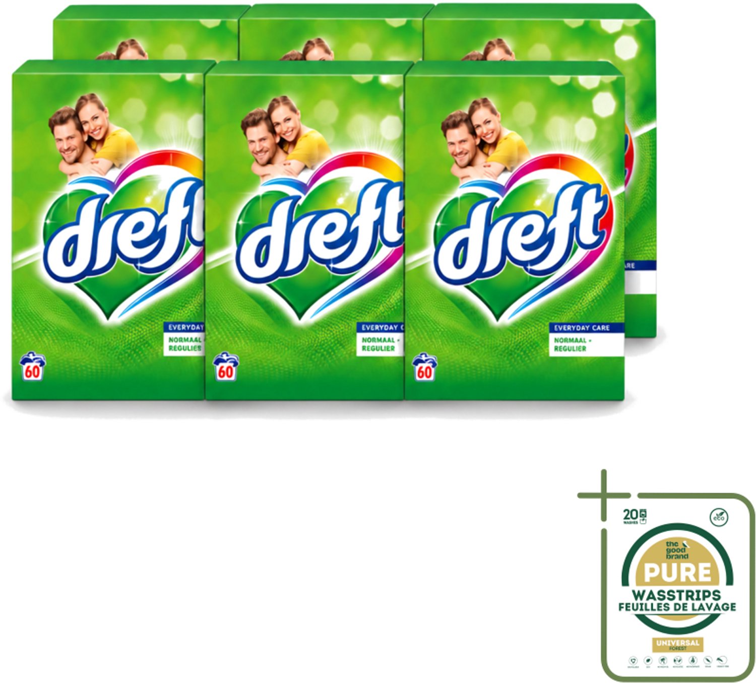 6 x Dreft - Everyday Care - Waspoeder - Gekleurde Was - Original - 60 Wasbeurten - Wasstrips - Waspoeder - Gekleurde Was - Kleurbeschermend - Waspoeder Voor Kleding - Waspoeder Origineel