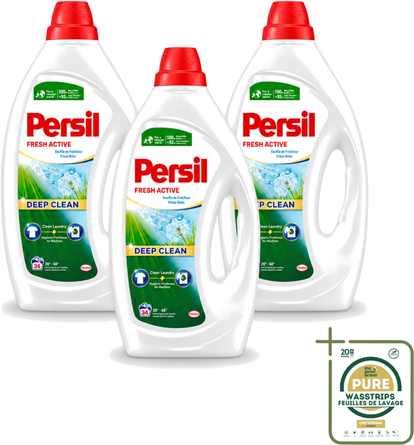 3 x Persil Fresh Active - Vloeibaar Wasmiddel - Witte en Gekleurde Was - Frisse Bries - 34 Wasbeurten - Wasstrips - Wasmiddel - Frisse Bries - Diepe Reiniging - Wasmachine Reinigen - Vuilresten Verwijderen
