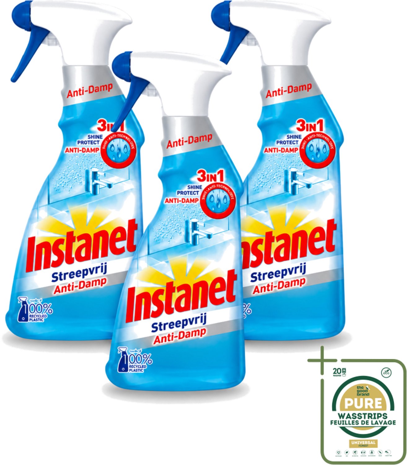 3 x Instanet - Schoonmaakspray - Anti-Damp - Streepvrij - 3in1 - 500 ml - Wasstrips - Schoonmaak Spray - Anti-damp - Streepvrij - Ramen Reinigen - Glanzend Resultaat
