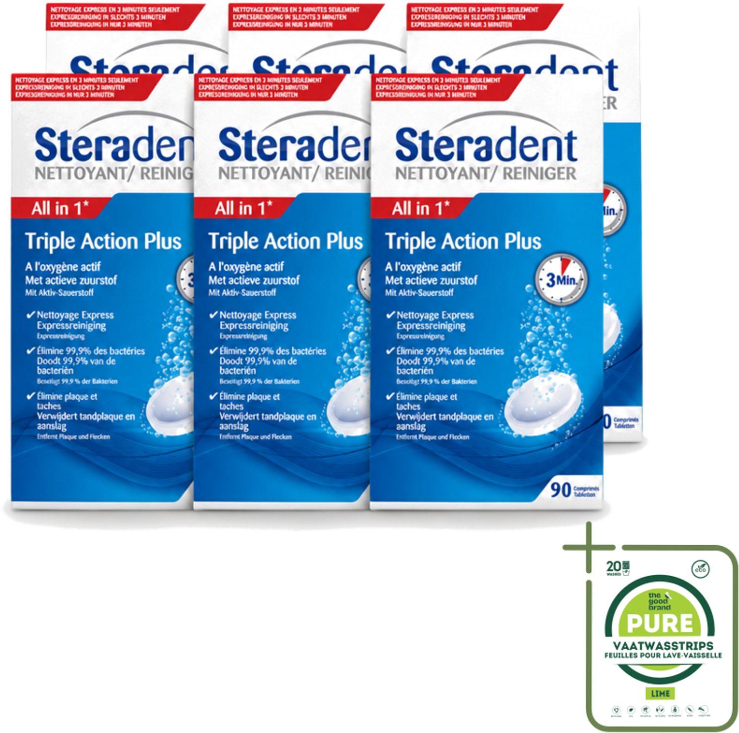 6 x Steradent - Kunstgebitreiniger - Tegen Tandplak En Aanslag - 90 Tabletten - Grootverpakking - Vaatwasstrips - Kunstgebit Reinigen - Tandplak Verwijderen - Aanslag Verwijderen - Kunstgebit Reiniger - Kunstgebit Hygiëne