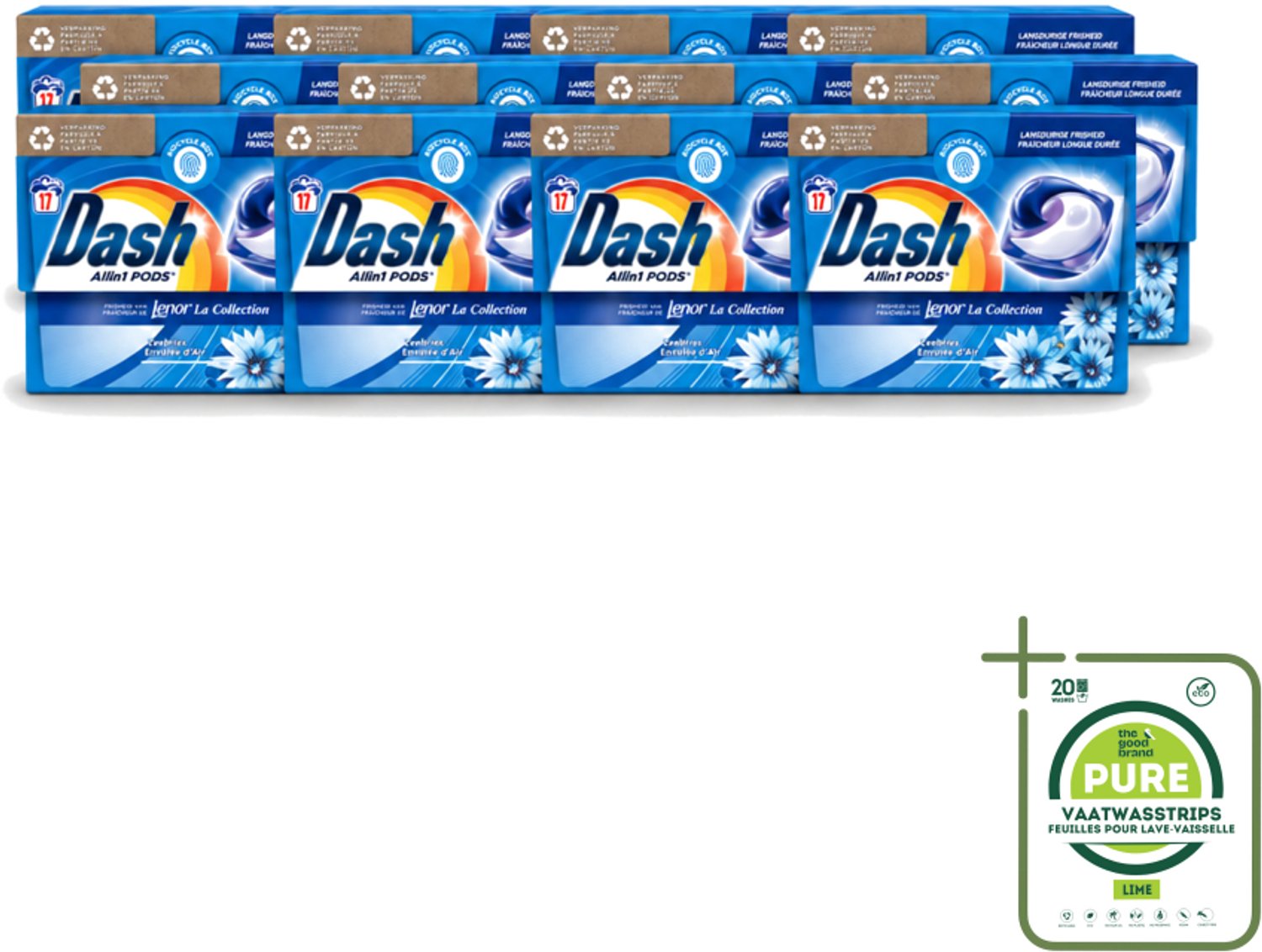 12 x Dash - Lenor Collectie - Wasmiddel Capsules - All-in-1 Pods - Witte en Gekleurde Was - Zeebries - 17 Wasbeurten - Grootverpakking - Vaatwasstrips - Wasmiddel Capsules - Zeebries Geur - Wasmachine Pod - Frisheid Was - Witte Was