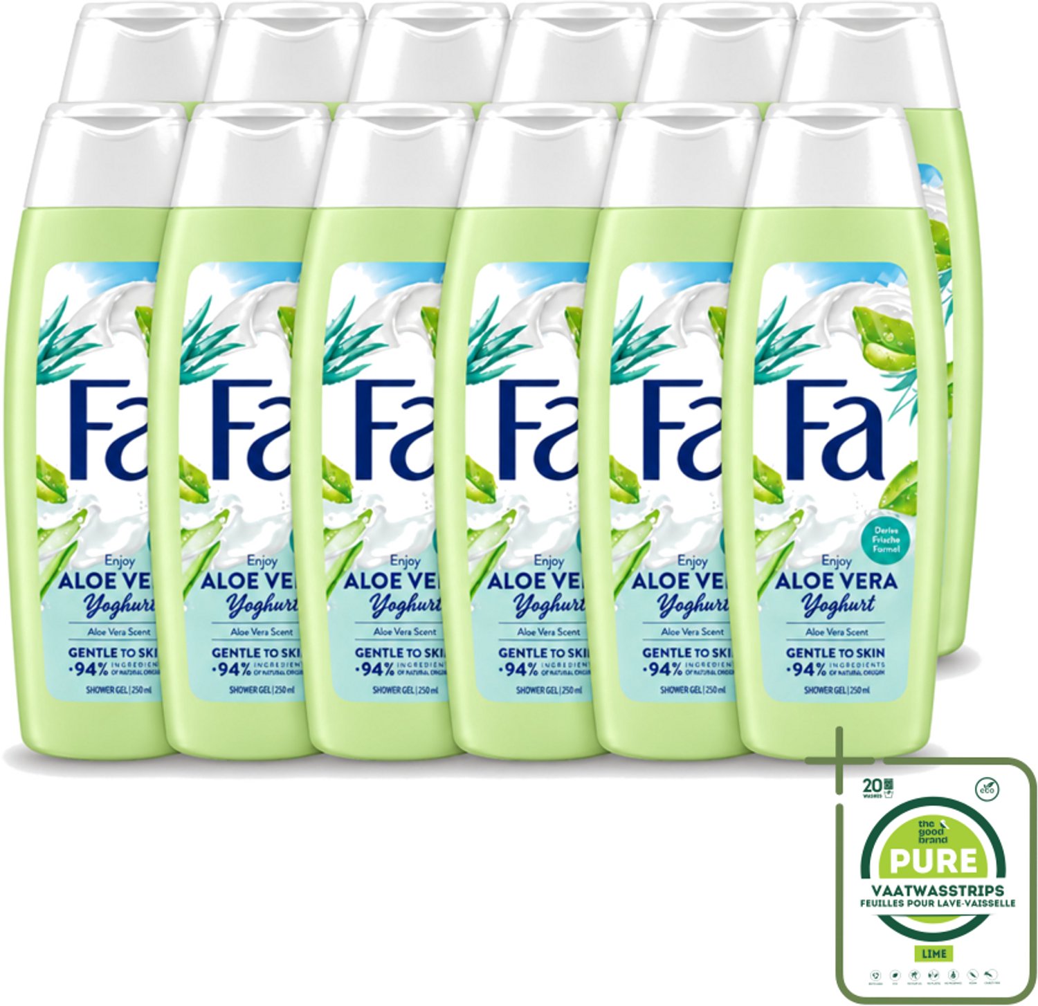 12 x Fa - Douchegel - Yoghurt & Aloe Vera - 250 ml - Grootverpakking - Vaatwasstrips - Douchegel Yoghurt Aloe Vera - Yoghurt Douchegel - Aloe Vera Douchegel - Verzorgende Douchegel - Hydraterende Douchegel