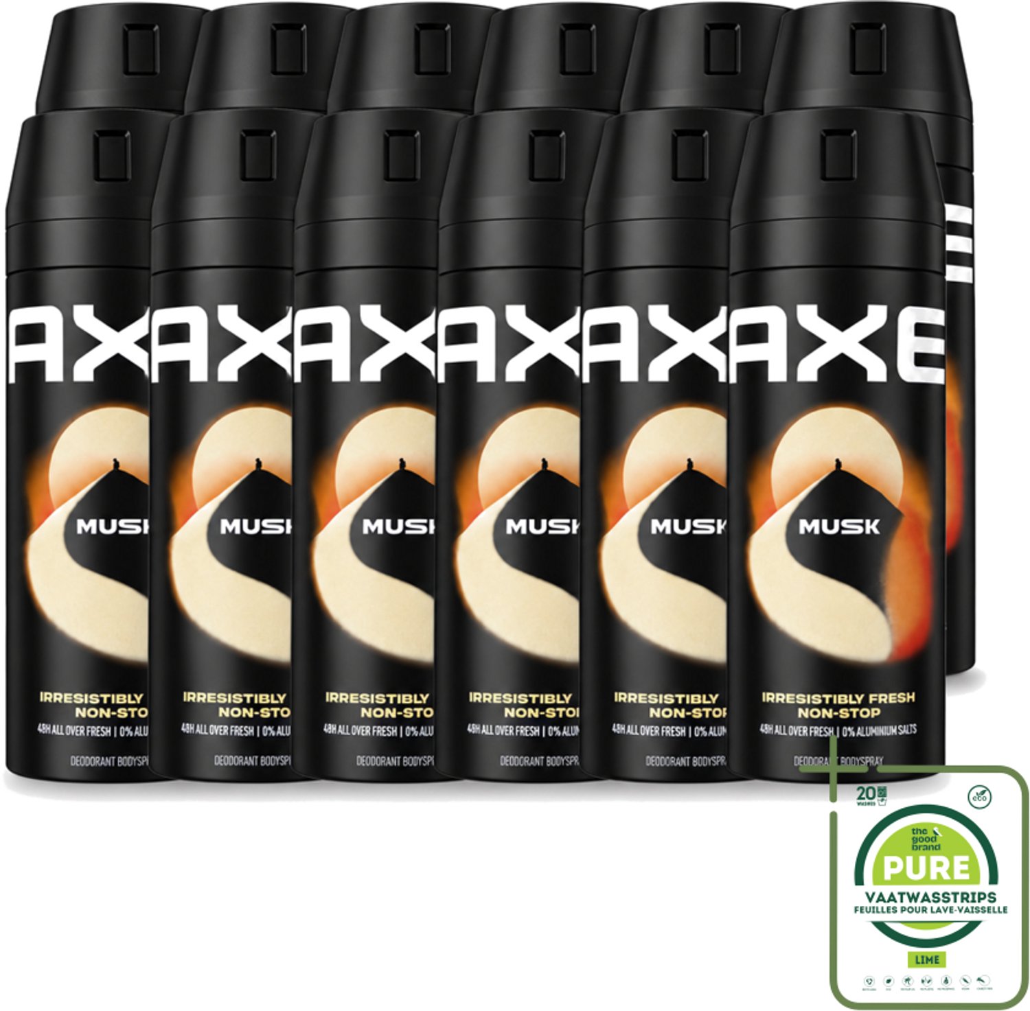 12 x Axe - Deodorant Bodyspray - 48hrs Fresh - Musk - Patchouli & Fougere - 150 ml - Grootverpakking - Vaatwasstrips - 48 Uur Geurbescherming - Deodorant Sprayer - Zinktechnologie - Geur Van Musk - Geur Van Patchouli