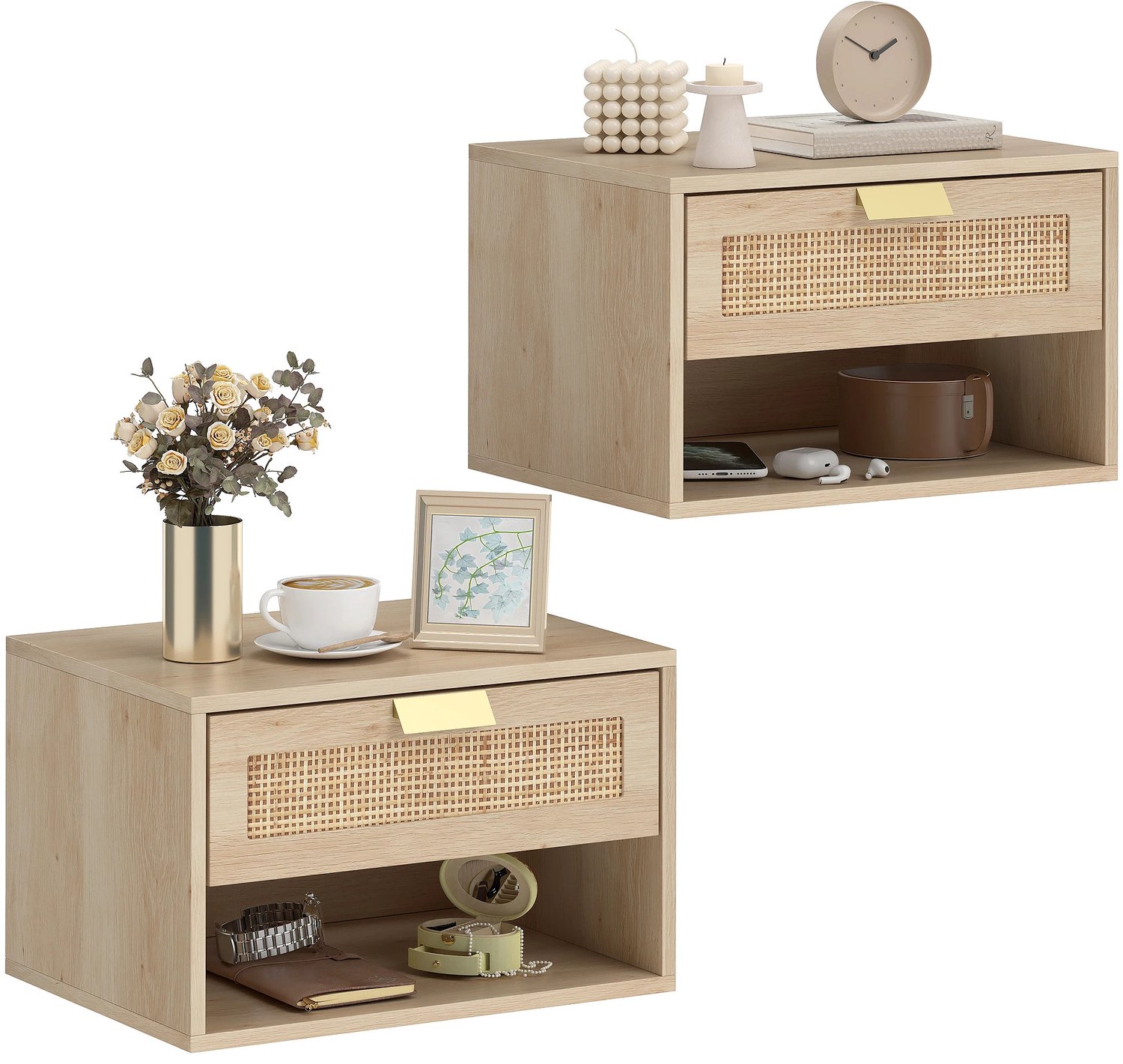 Gudalio Nachtkastje - Set van 2 - Kast - Nachttafel - Zwevend - Wandmontage - Open vak - Lade - 40 x 30 x 25 cm - Rotan - Bruin
