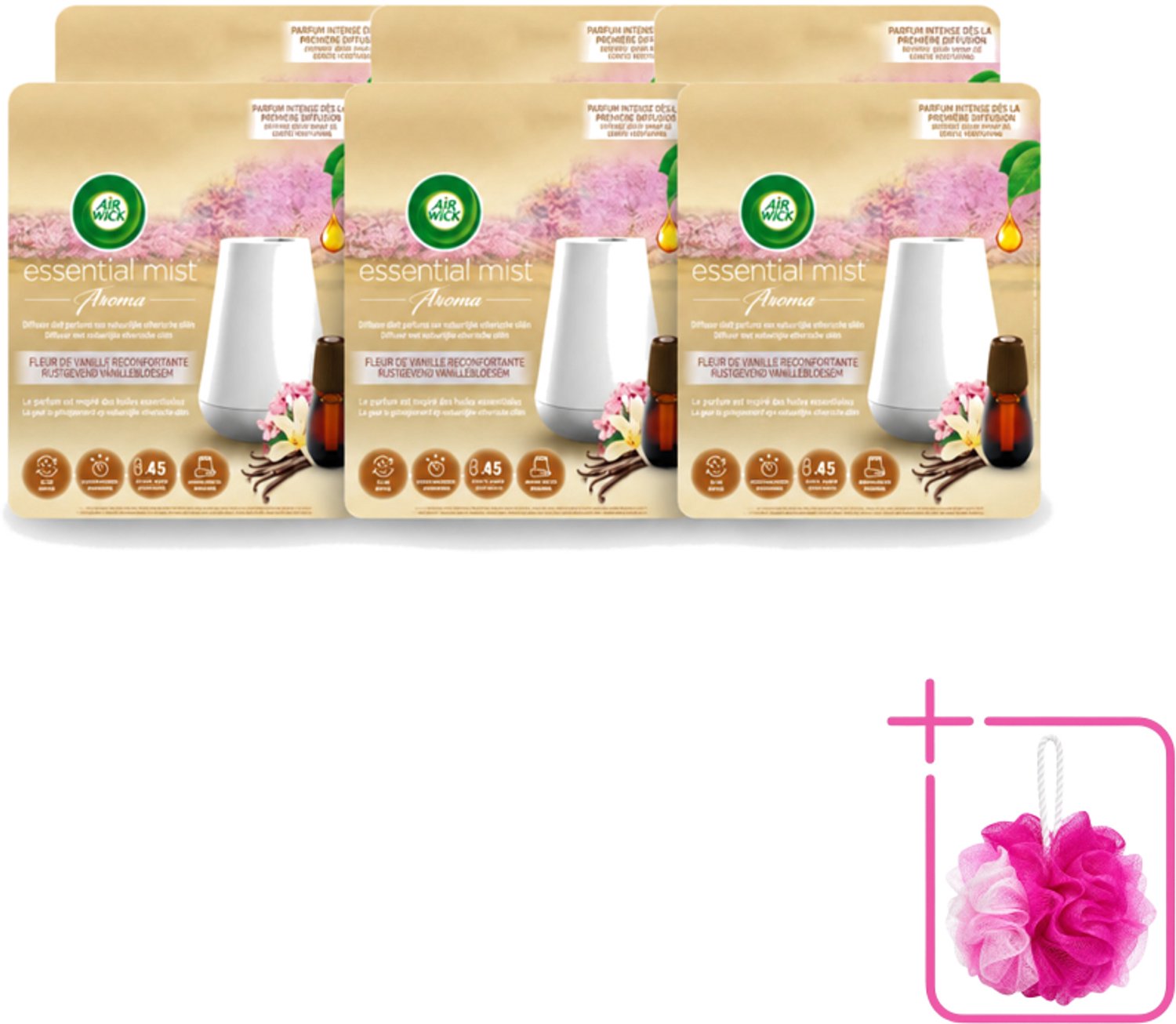 6 x Air Wick Essential Mist - Elektrische Geurverspreider - Starterkit - Rustgevende Vanillebloesem - 20ml - Bulkverpakking - Geurverspreider - Douchemop - Vanillebloesem