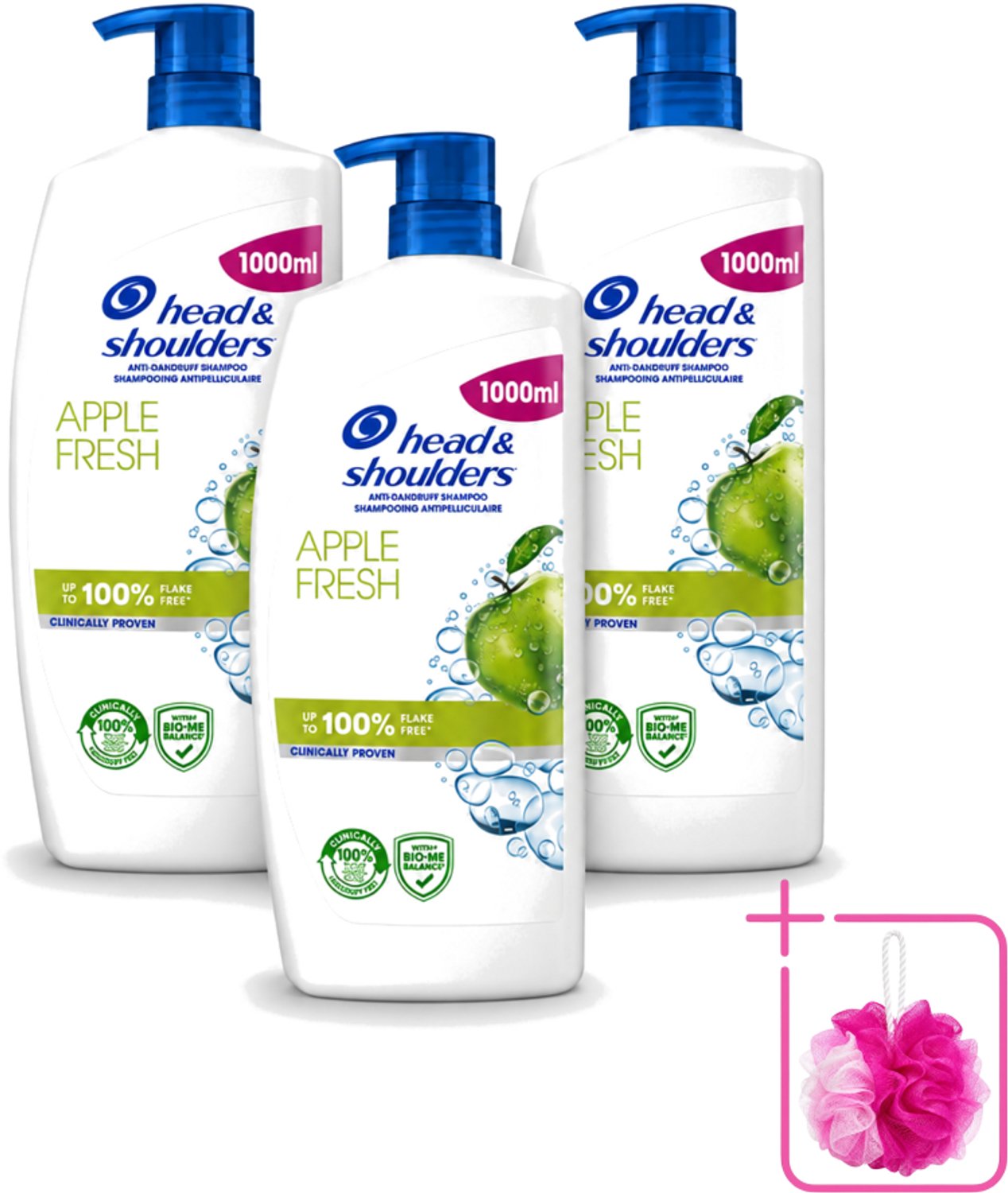 3 x Head & Shoulders - Anti-Roos Shampoo - Apple Fresh - Pompflacon - 1000 ml - Bulkverpakking - Roosvrij haar - Douchemop - Anti-roos shampoo