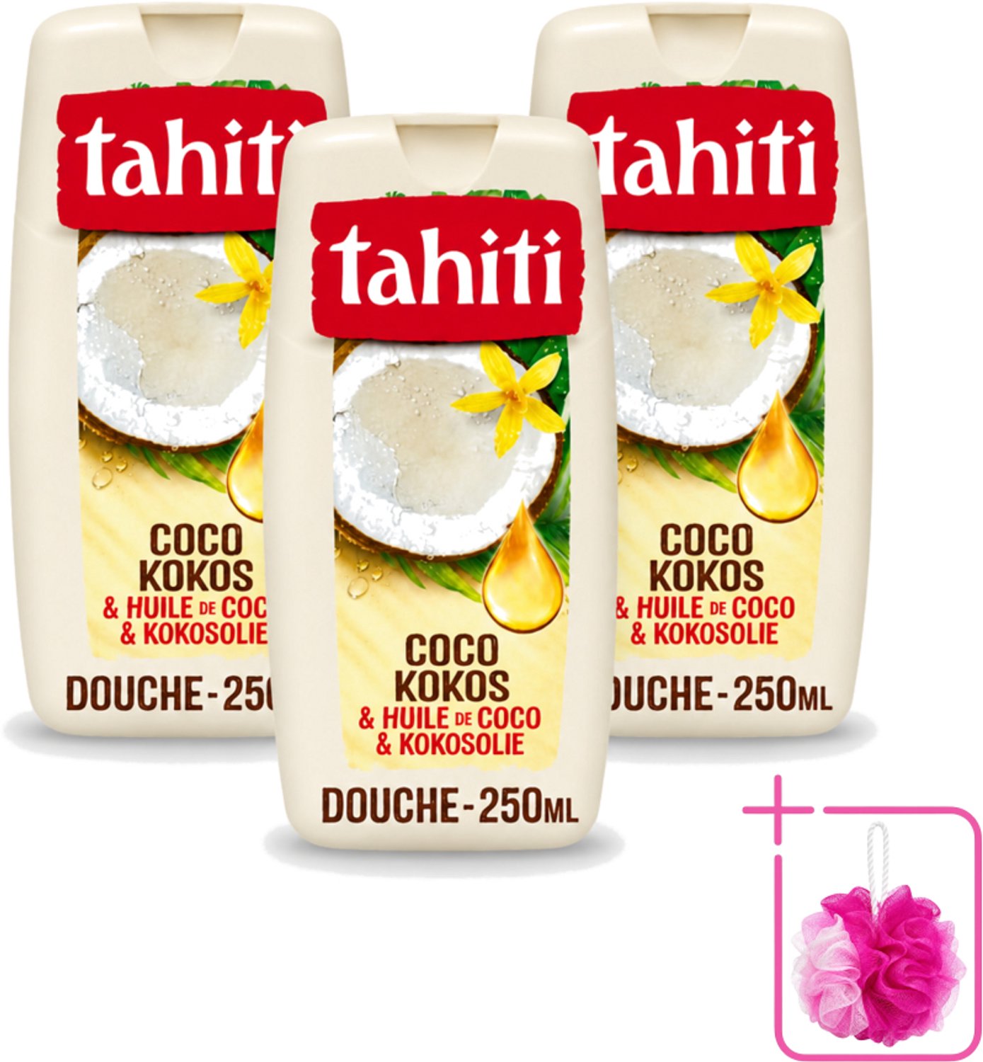 3 x Tahiti - Douchegel - Kokos & Kokosolie - Hydraterend - 250 ml - Bulkverpakking - Douchegel kokos - Douchemop - Kokosolie douchegel