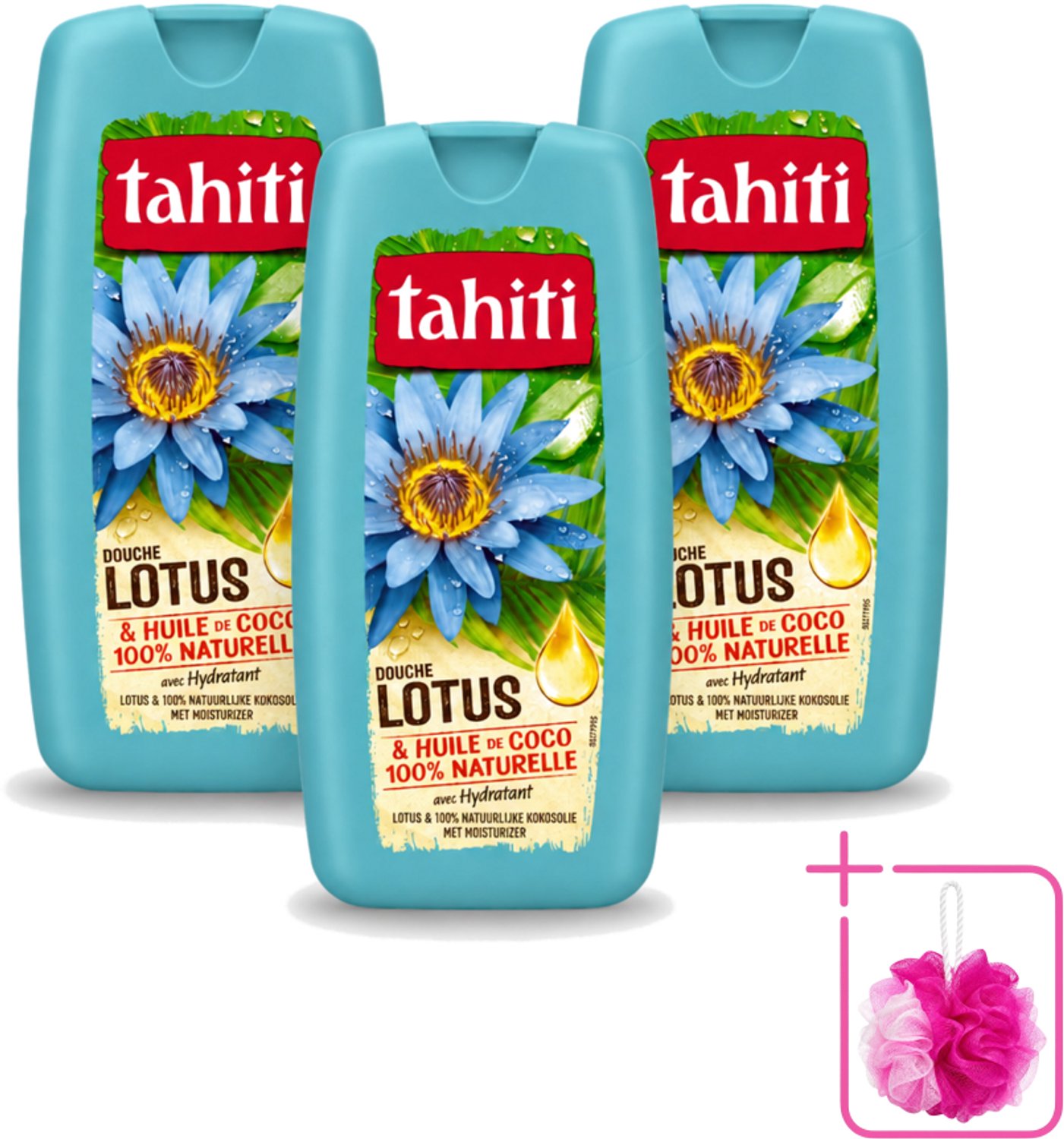 3 x Tahiti - Douchegel - Lotus & Kokosolie - Hydraterend - 250 ml - Bulkverpakking - Douchegel - Douchemop - Kokosolie