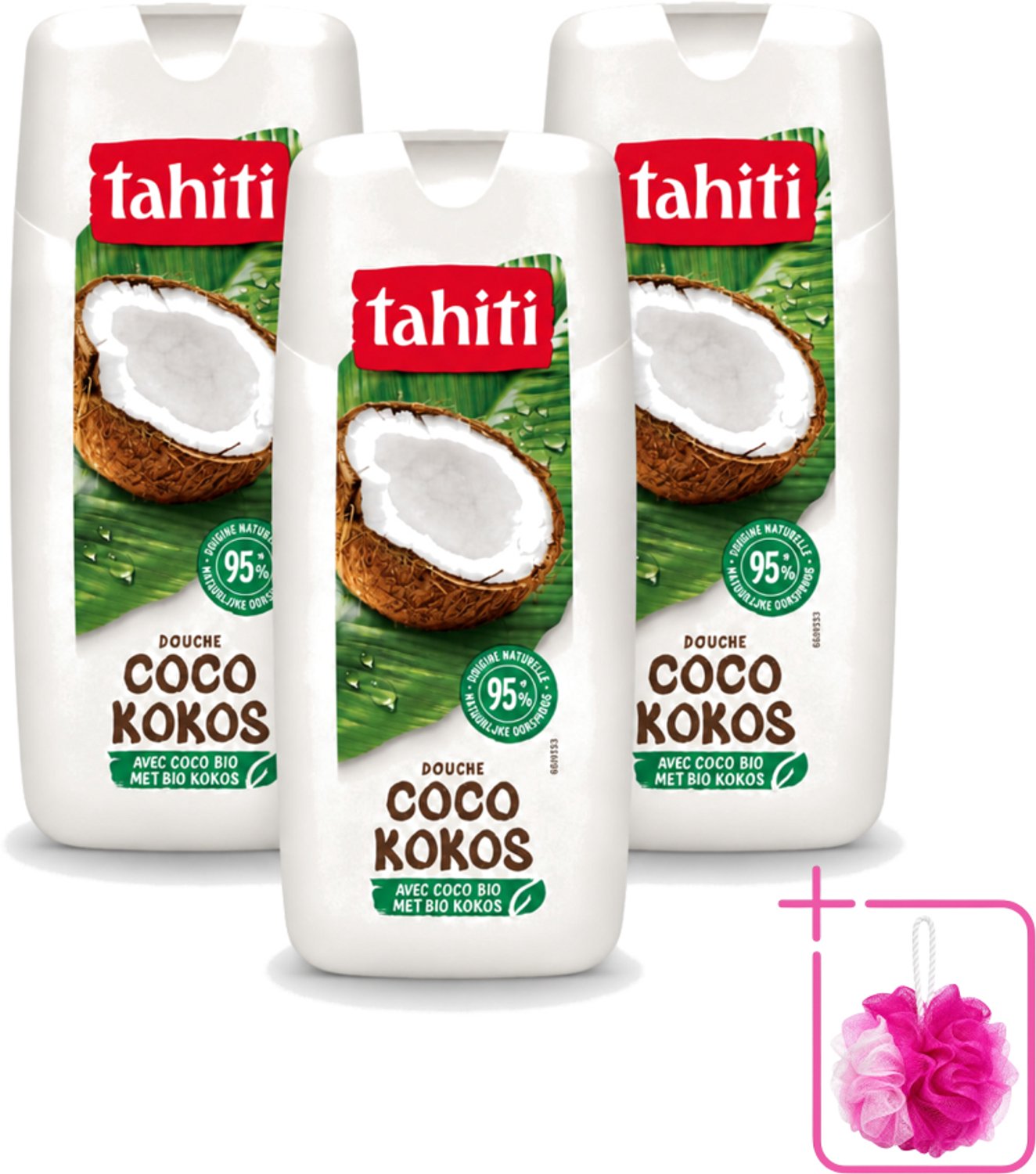 3 x Tahiti - Douchegel - Biologische Kokos - 100% Vegan - 300 ml - Bulkverpakking - Douchegel kokos - Douchemop - Biologische kokos
