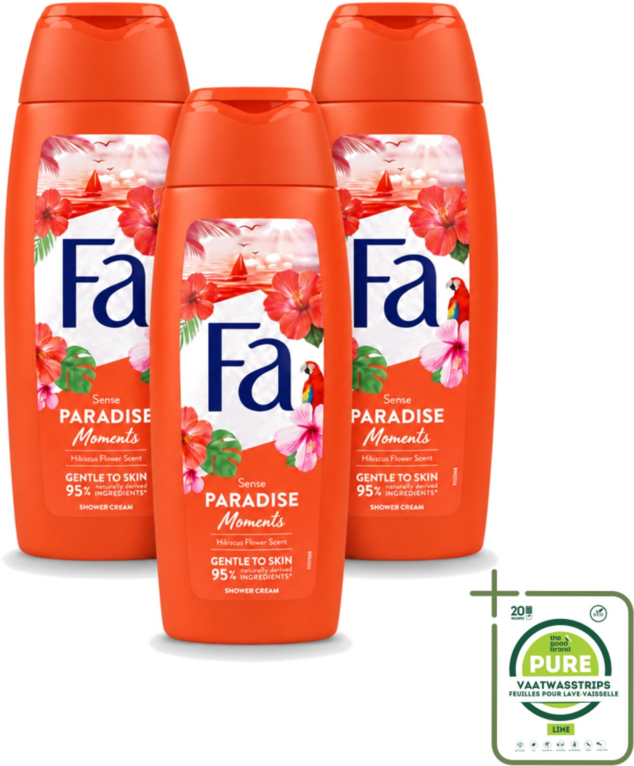 3 x Fa - Paradise Moments - Douchecrème - Hibiscusbloem - 250 ml - Grootverpakking - Vaatwasstrips - Douchecrème Hibiscusbloem - Vegan Douchecrème - Huidverzorgende Douchecrème - Hibiscusbloem Geur - Duurzame Douchecrème