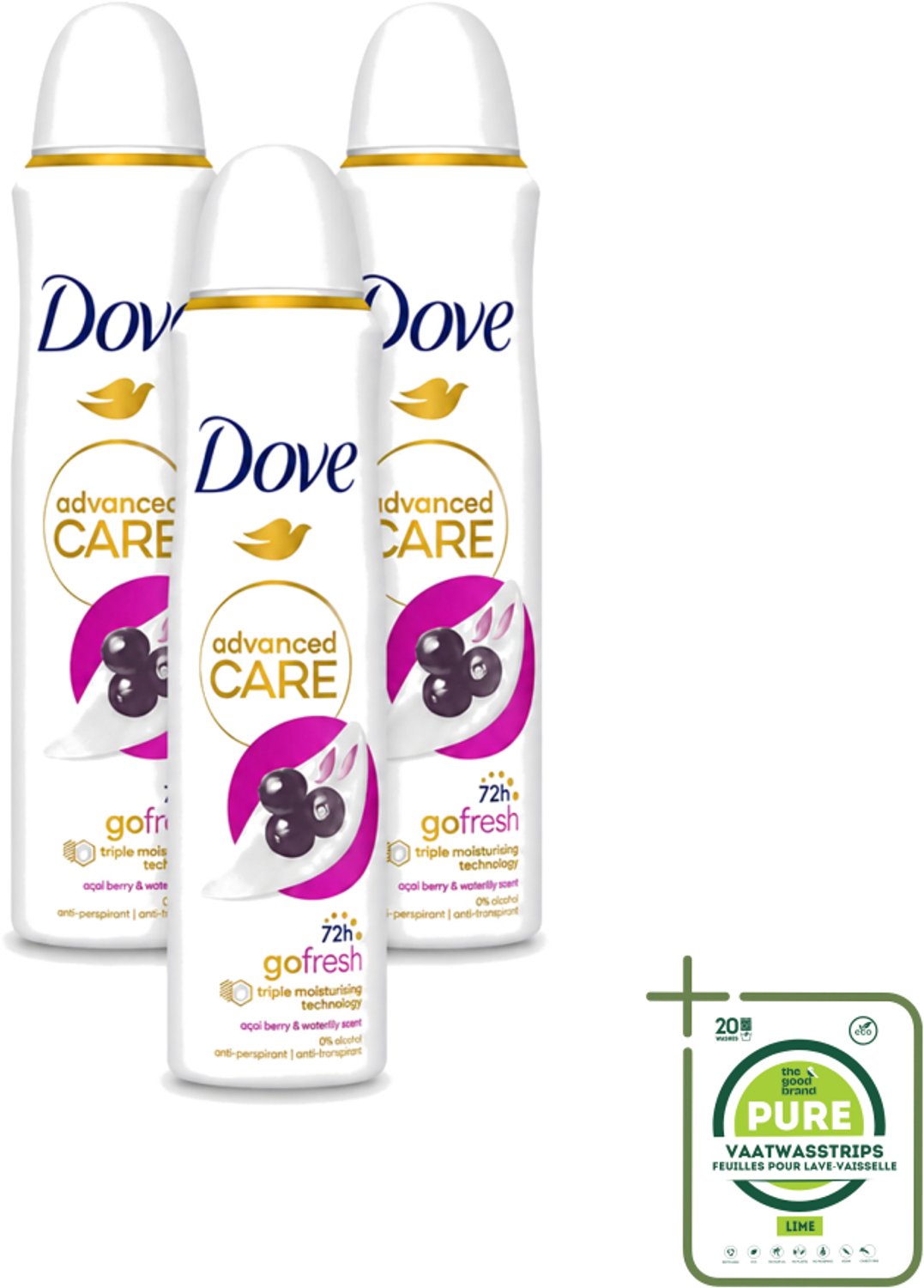 3 x Dove - Deospray - Acai Bes & Waterlelie - 150 ml - Grootverpakking - Vaatwasstrips - Acai Bes & Waterlelie Deospray - Deospray Oksels - Geur Van Acai Bessen - Geur Van Waterlelie - Transpiratie Bescherming