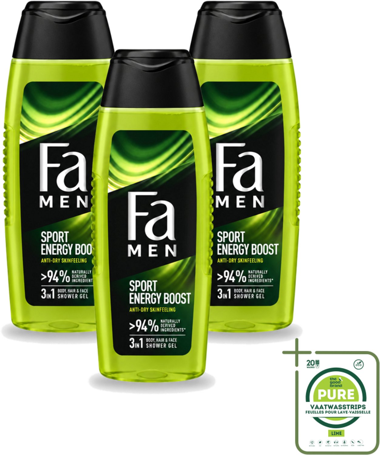 3 x Fa Men - Sport Energy Boost - Doucemiddel - Voor Lichaam, Haar & Gezicht - 250 ml - Grootverpakking - Vaatwasstrips - Sport Energie - Frisheid - Lichaam Reinigen - Haar Verzorgen - Gezicht Verzorgen