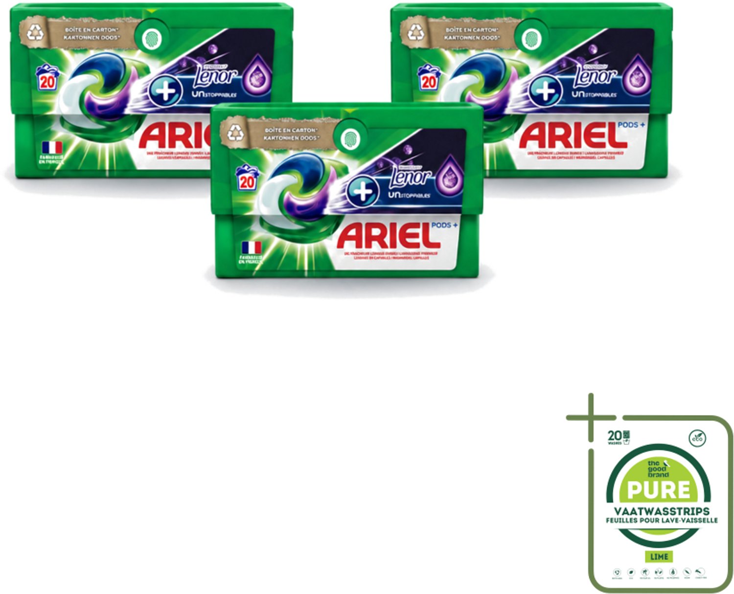 3 x Ariel Original - Touch of Lenor Unstoppables - Wasmiddelcapsules - Pods+ - Witte en Gekleurde Was - 20 Wasbeurten - Grootverpakking - Vaatwasstrips - Wasmiddelcapsules - Reiniging - Vlekken Verwijderen - Frisheid - Koud Was