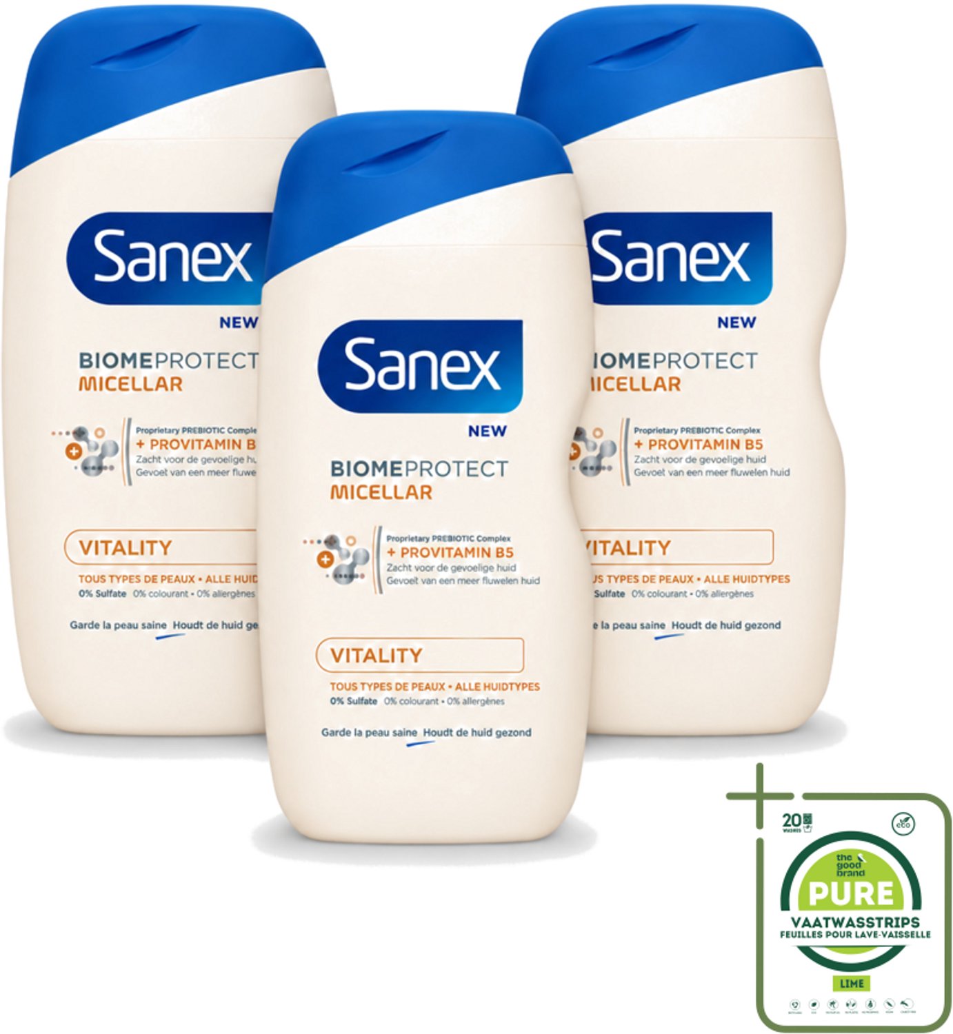 3 x Sanex - BiomeProtect Micellair - Douchegel - Vitaliteit - 0% Sulfaat - Alle Huidtypes - 400 ml - Grootverpakking - Vaatwasstrips - Huid Reinigen - Micellaire Douchegel - 0% Sulfaten - Huidbarrière - Huid Vitaliteit