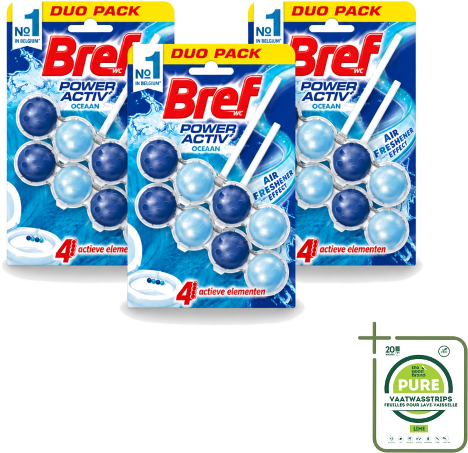 3 x Bref WC - Power Activ+ - Toiletblok - Oceaan - 2 Blokken - Grootverpakking - Vaatwasstrips - Toilet Reinigen - Toilet Schoon Houden - Toilet Reinigingsblok - Oceaan Geur - Anti-kalk Toilet
