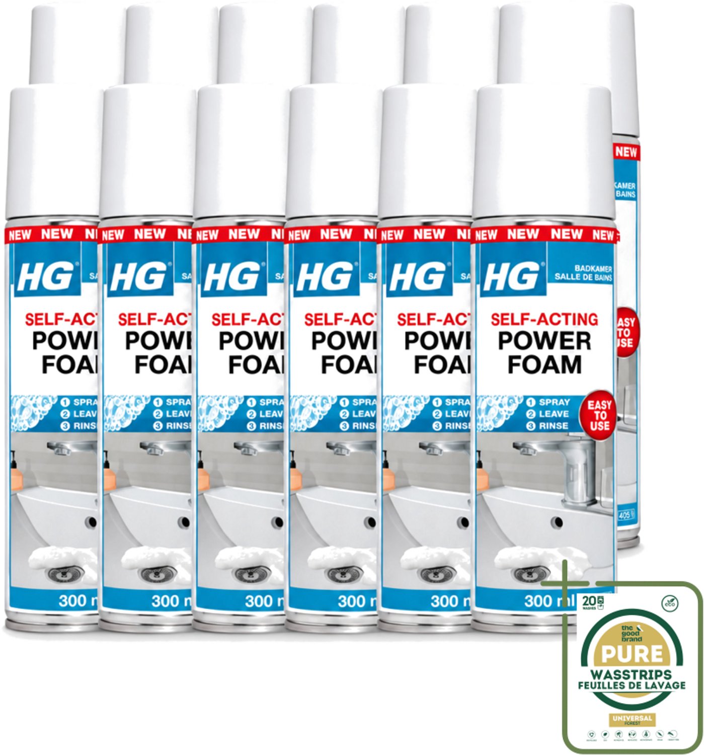12 x HG - Badkamer - Badkamerreiniger - Power Foam Badkamer - Zelf-Activerend - 300 ml - Wasstrips - Badkamerreiniger - Schuimreiniger - Kalkaanslag - Zeepresten - Tegelreiniger
