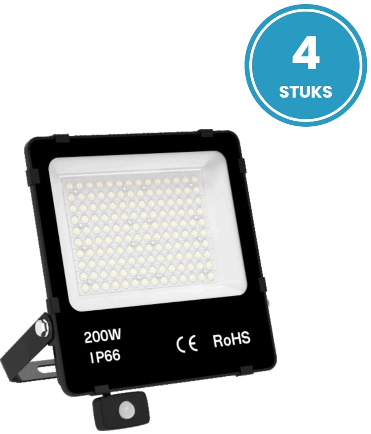 LED Schijnwerper 200W - 30.000 lm - Daglichtwit 6000K - Bewegingssensor - 90° - IP66 - Buitenlamp & Terreinverlichting - Set van 4 - 5 jaar garantie