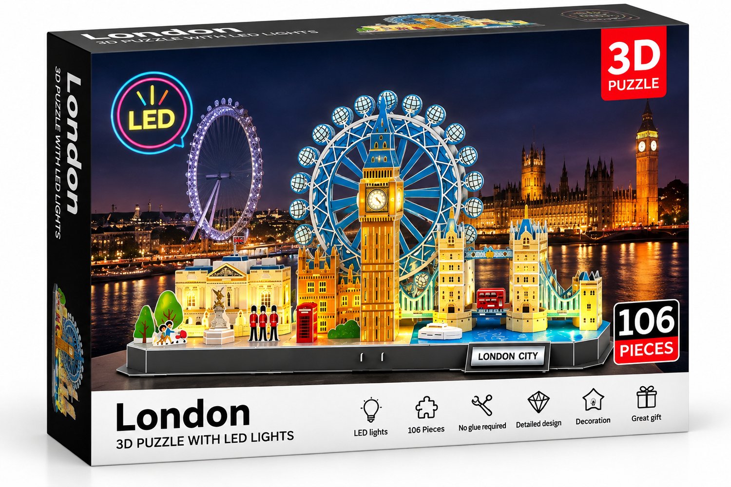 JN® 3D Puzzel Londen City – LED Verlicht – 106-delig Bouwpakket – 8+