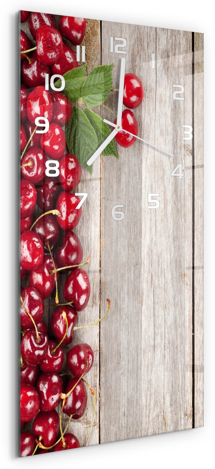 Tulup Wandklok - Kersen op hout Wandklok Glas Decoratie - 30x60 cm - Rood Gekleurde Glazen Klok - Witte handen - Rechthoekige Klok - Klok Glas Met Opdruk - Moderne Wandklok Glas
