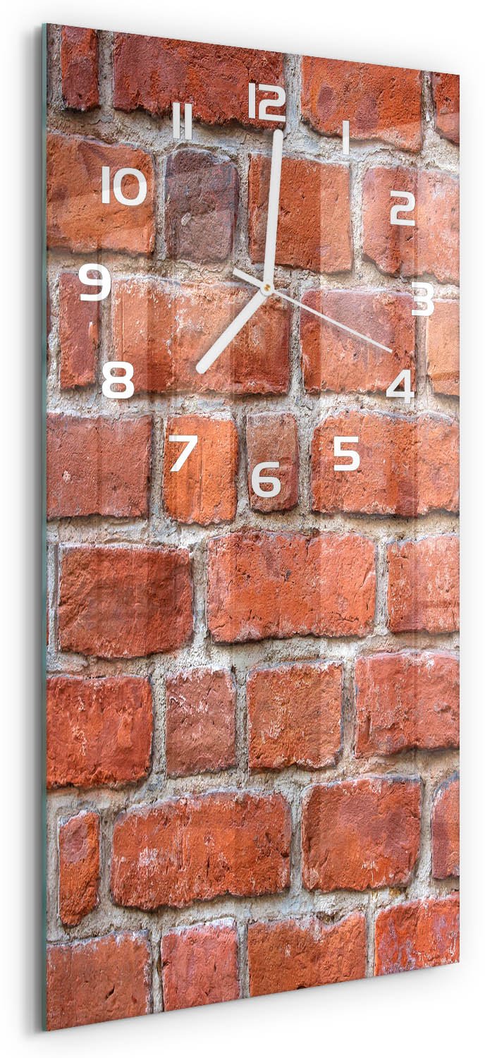 Tulup Wandklok - Bakstenen muur Glazen Wandklok Design - 30x60 cm - Rood Klok Glas Met Opdruk - Witte handen - Rechthoekige Klok - Wandklok Glas Met Motief - Decoratieve Glazen Klok